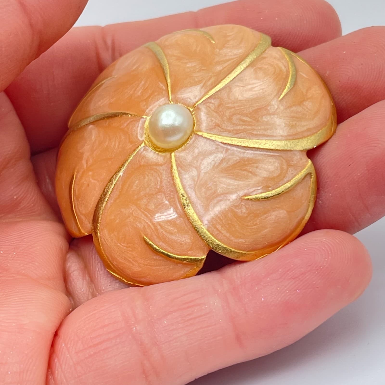 Vintage Gold-Tone Peach Enamel Petal Floral Mother Of Pearl Bead Brooch Pin - Thumbnail 6
