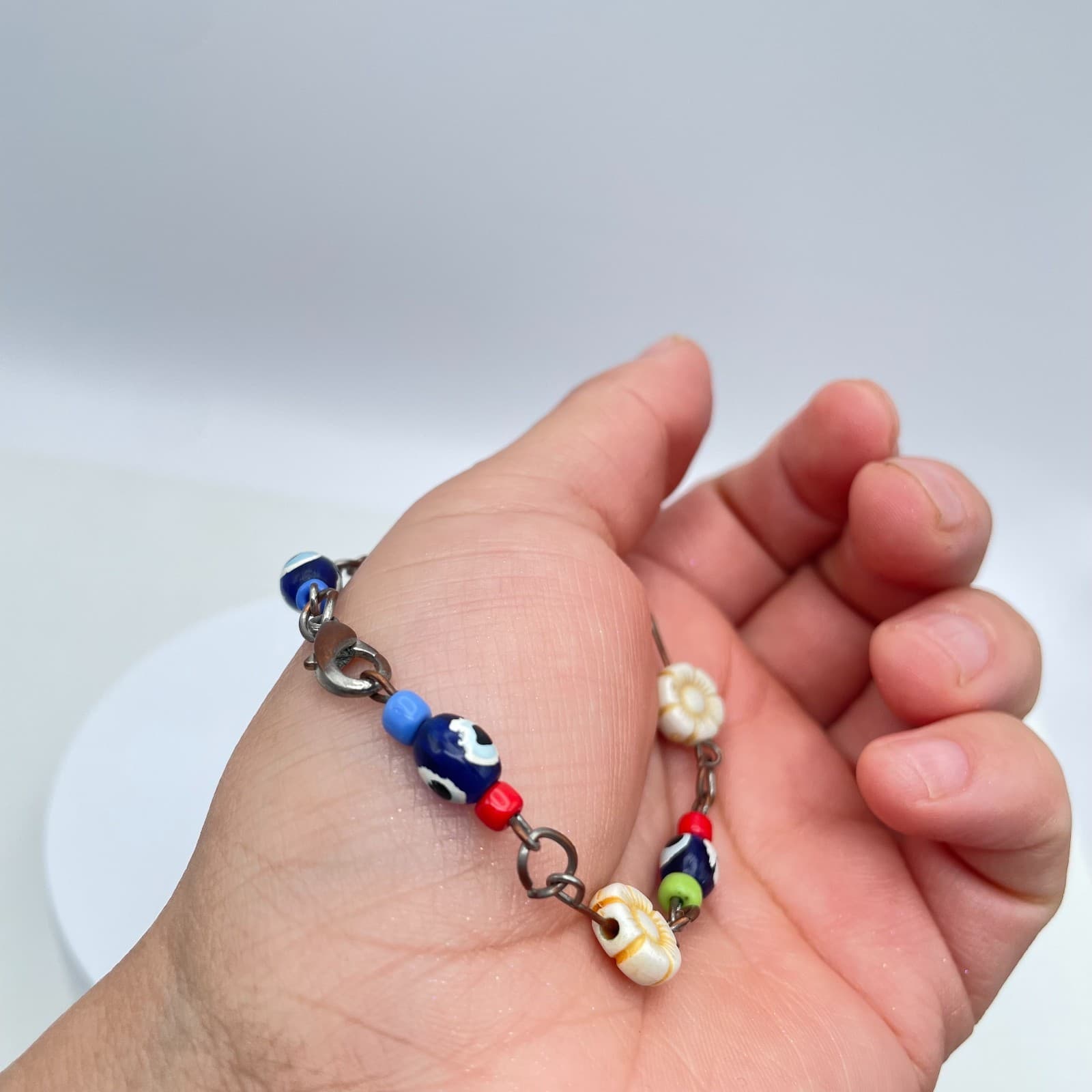 Handmade Copper-Tone Multicolor Evil Eye Flower Glass Beads Lobster Bracelet - Thumbnail 10