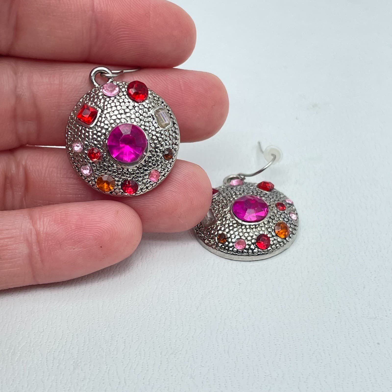 Vintage Silver-Tone Pink Red Rhinestone Embellished Round Dome Dangle Earrings - Thumbnail 6