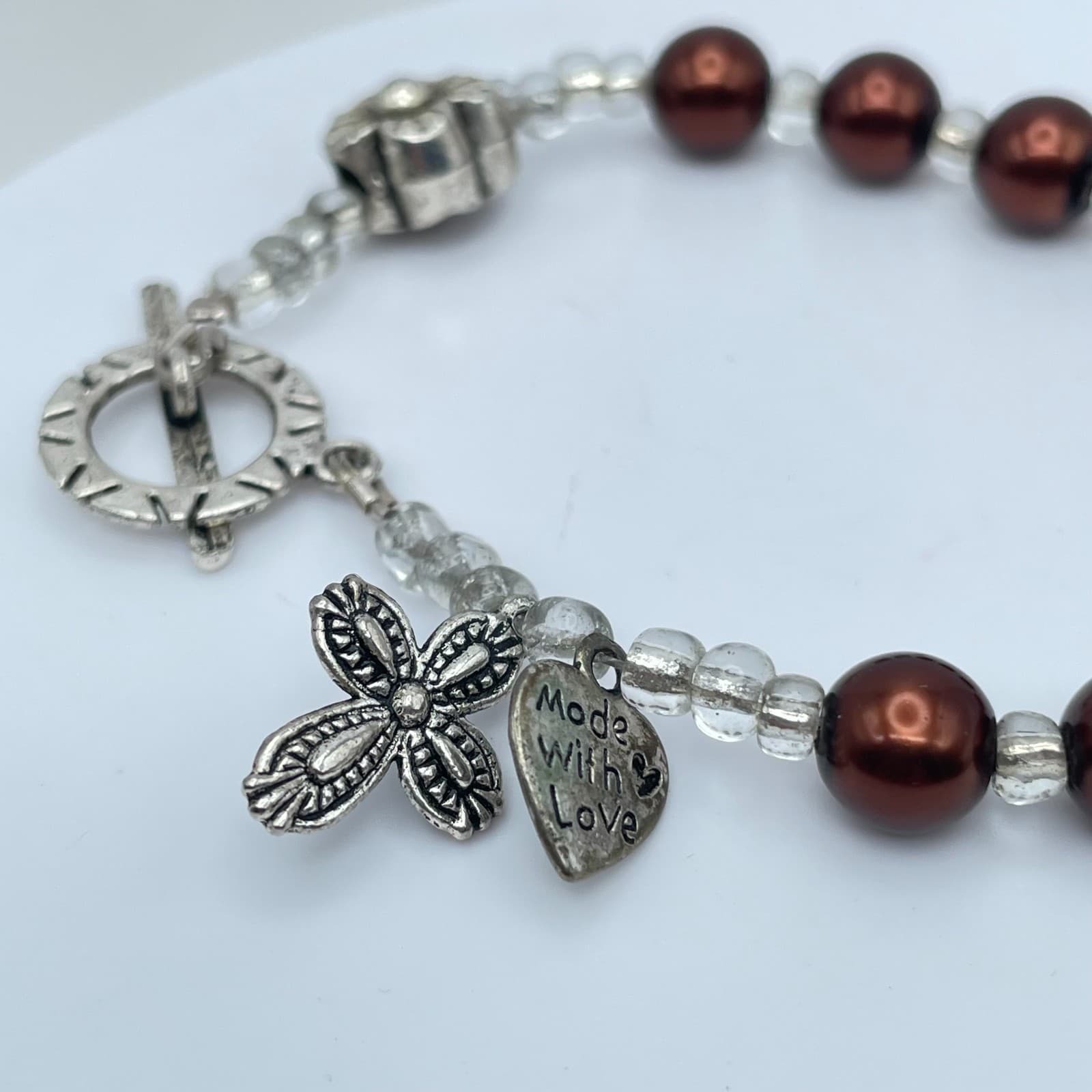 Handcrafted Silver-Tone Glass Brown Pearls Seed Bead Heart Flower Charm Bracelet - Thumbnail 3