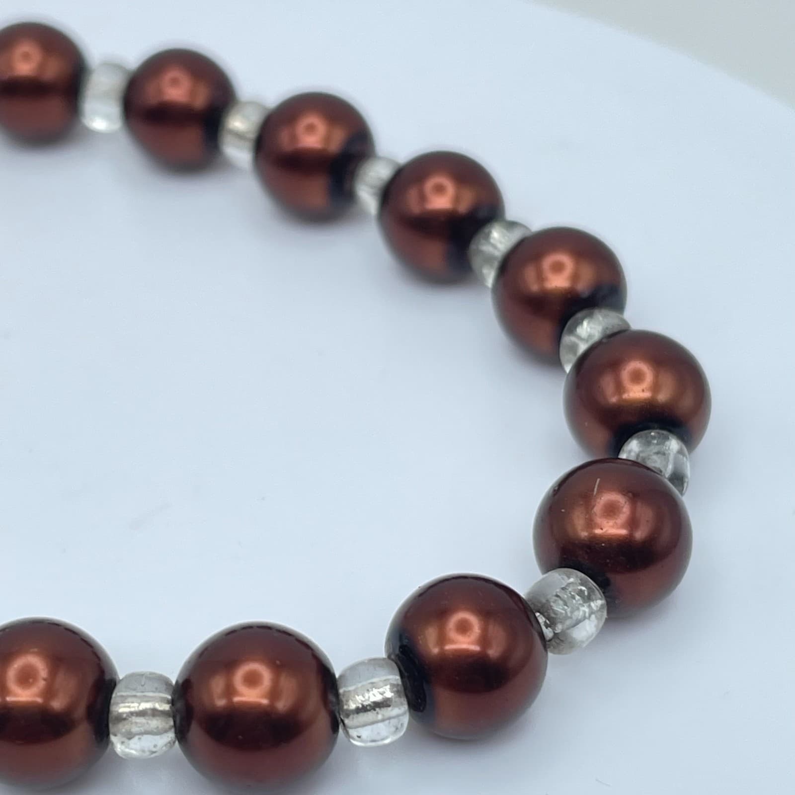 Handcrafted Silver-Tone Glass Brown Pearls Seed Bead Heart Flower Charm Bracelet - Thumbnail 4