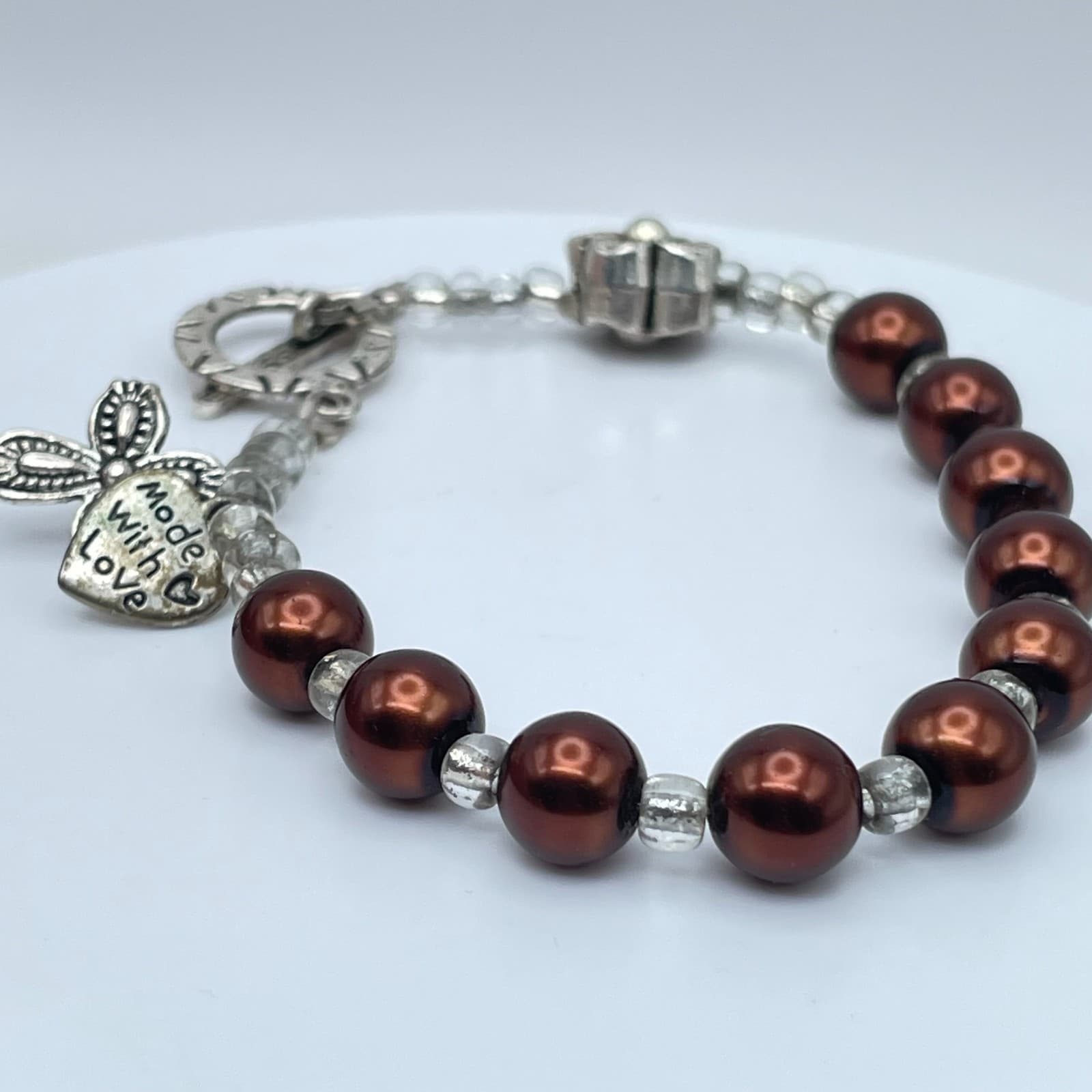 Handcrafted Silver-Tone Glass Brown Pearls Seed Bead Heart Flower Charm Bracelet - Thumbnail 5