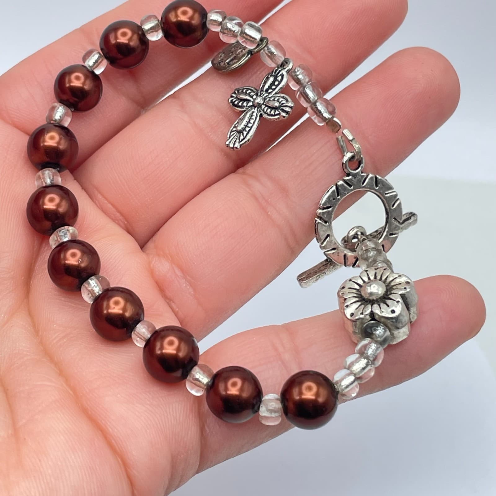 Handcrafted Silver-Tone Glass Brown Pearls Seed Bead Heart Flower Charm Bracelet - Thumbnail 7