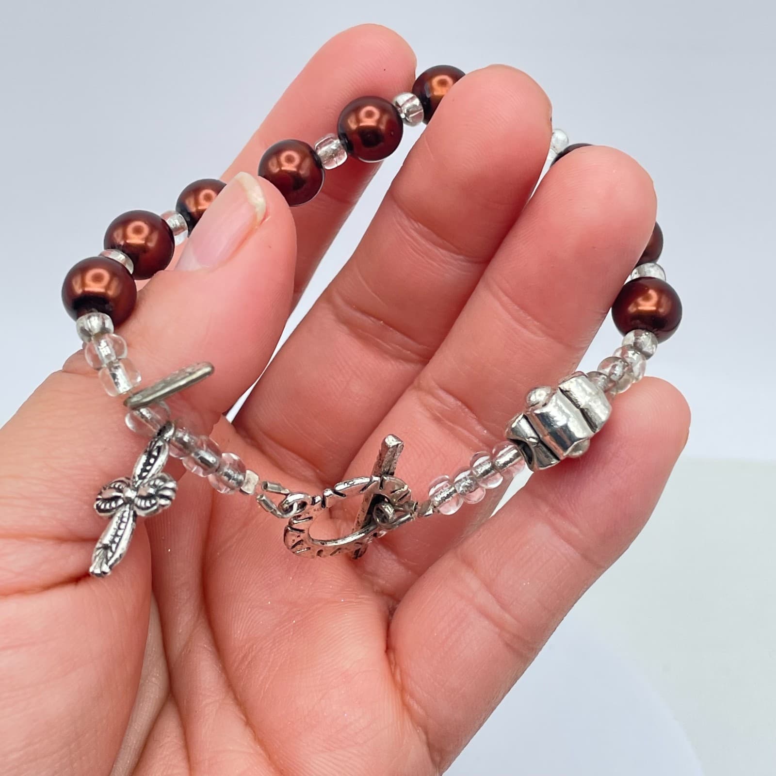 Handcrafted Silver-Tone Glass Brown Pearls Seed Bead Heart Flower Charm Bracelet - Thumbnail 9