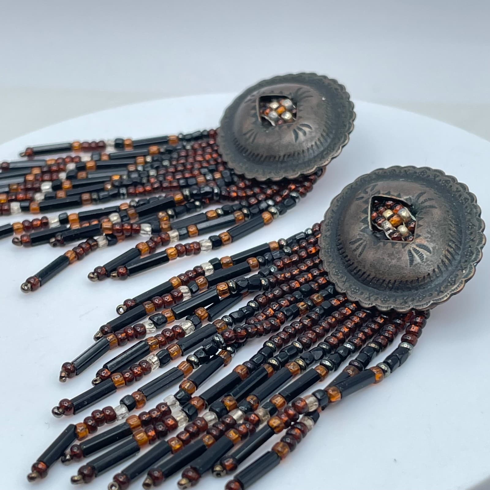 Bohemian Scalloped Metal Tops Black Brown Seed Beads Fringe Concho Earrings - Thumbnail 7