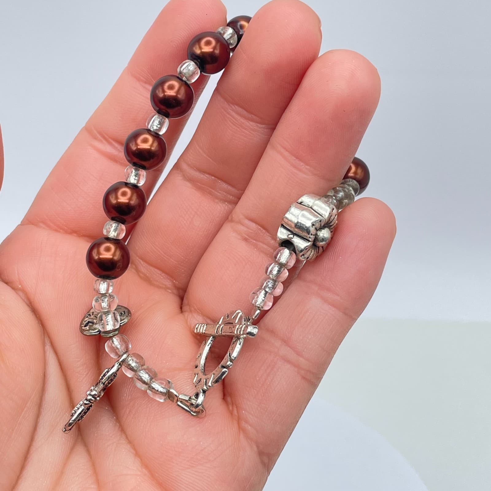 Handcrafted Silver-Tone Glass Brown Pearls Seed Bead Heart Flower Charm Bracelet - Thumbnail 10