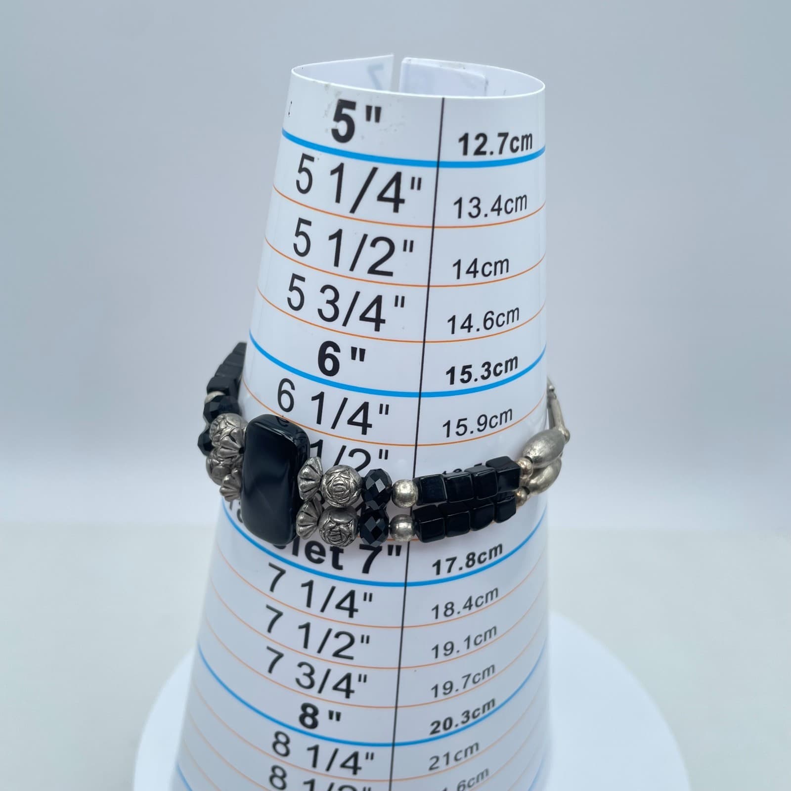 Vintage Silver-Tone Tribal Metal Black Onyx Beads Double Strand Lobster Bracelet - Thumbnail 2