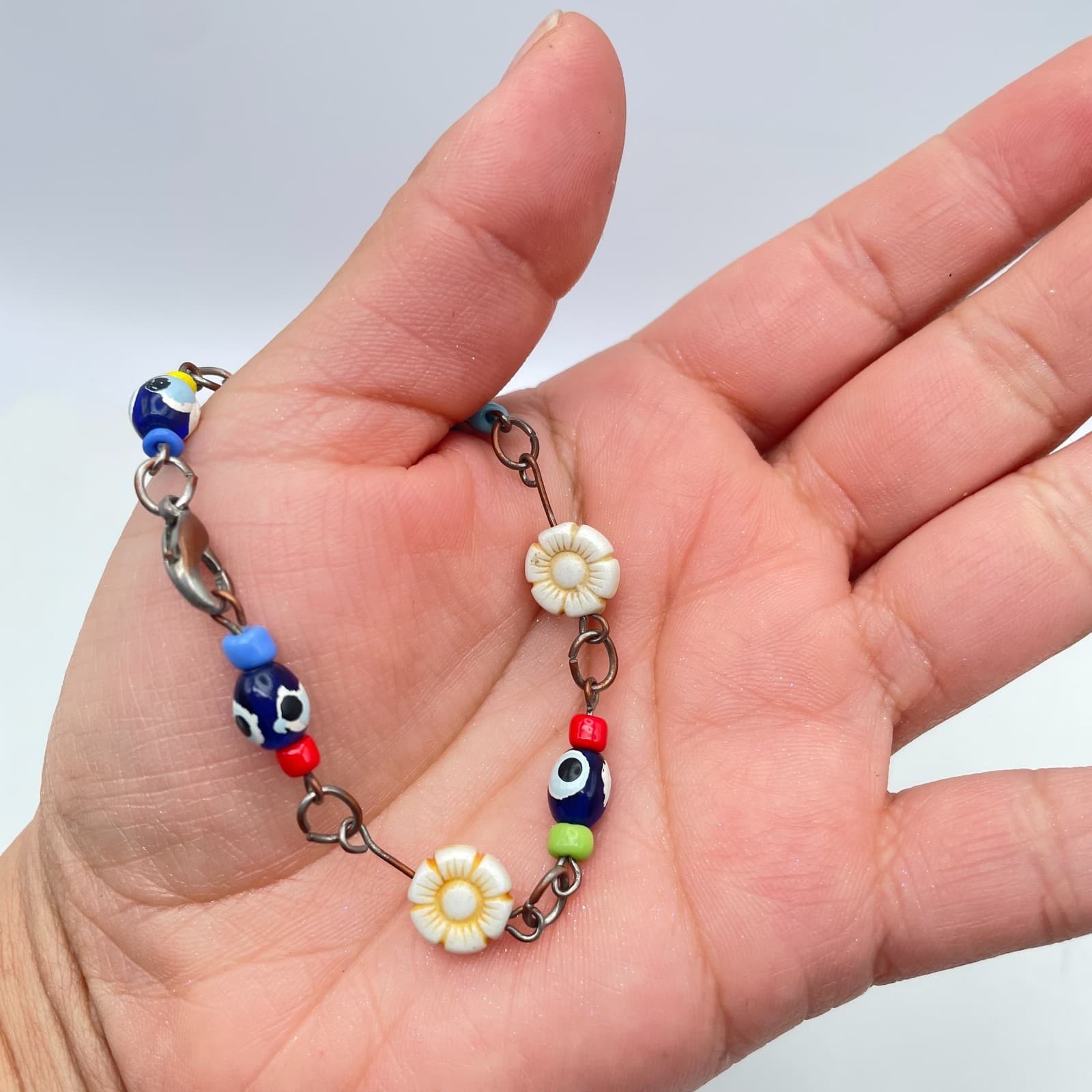Handmade Copper-Tone Multicolor Evil Eye Flower Glass Beads Lobster Bracelet - Thumbnail 8