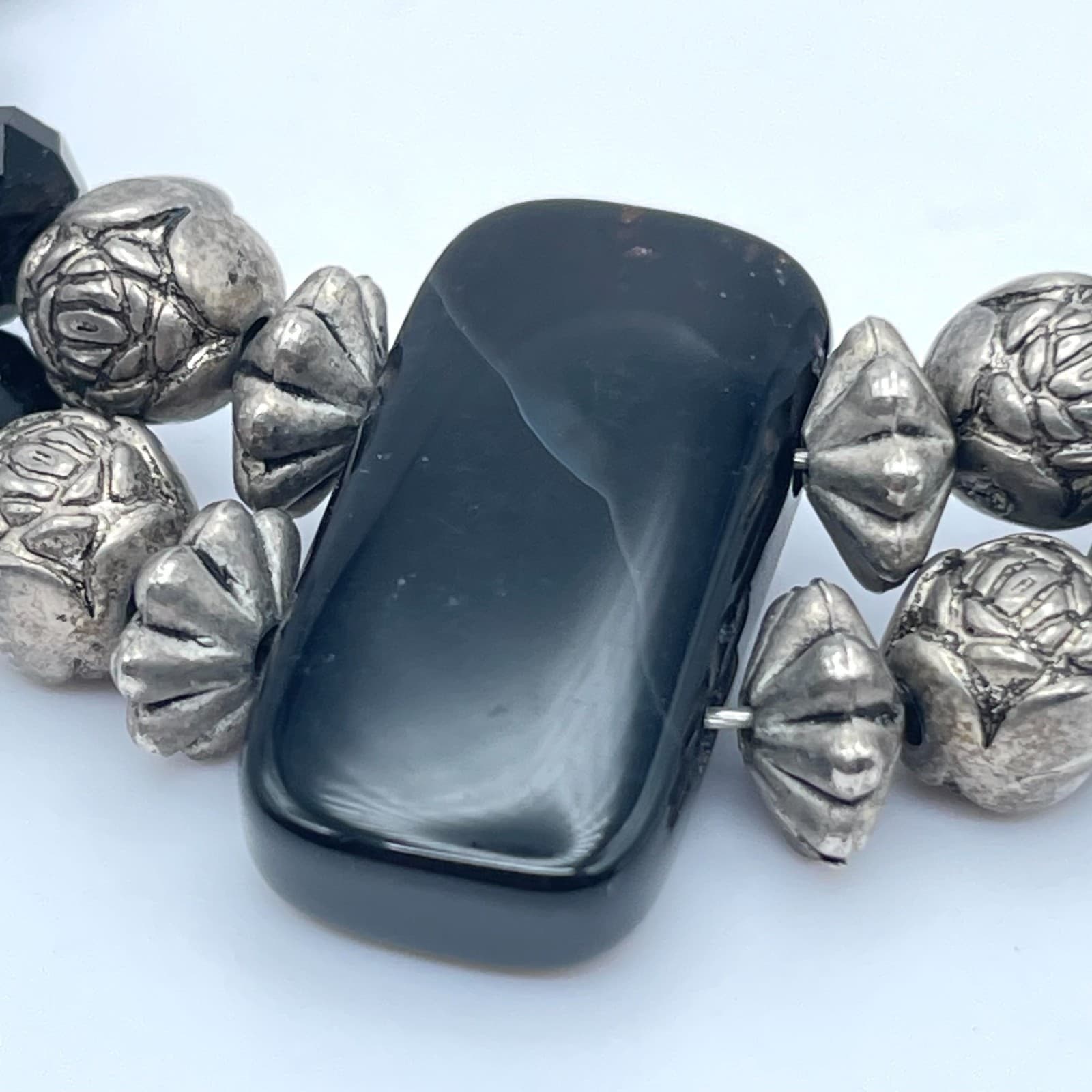 Vintage Silver-Tone Tribal Metal Black Onyx Beads Double Strand Lobster Bracelet - Thumbnail 4