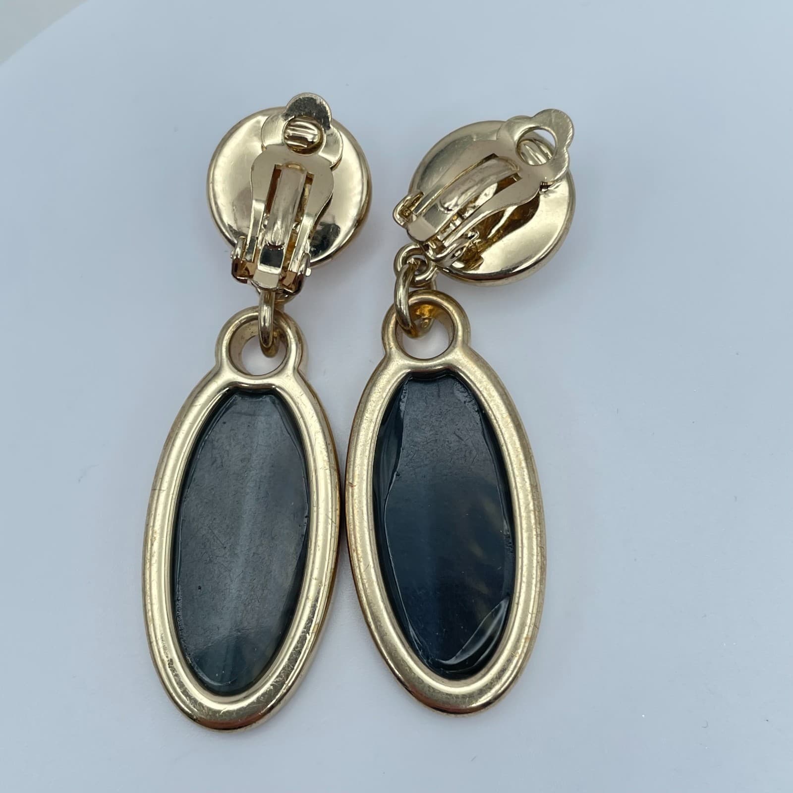 Vintage Gold-Tone Moonstone Bezel Poured Enamel Cabochon Clip-on Dangle Earrings - Image 1