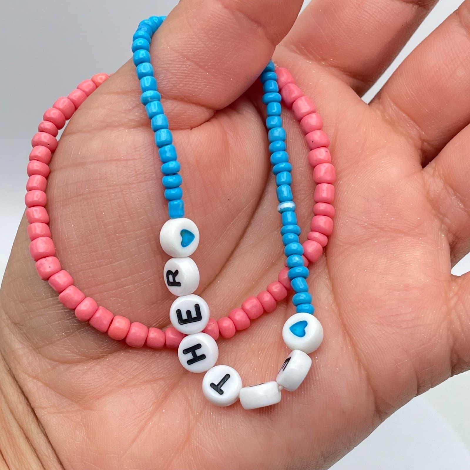 Lot of 2 Pink Blue Seed Beaded Personalized Name "Esther" Cord Stretch Bracelet - Thumbnail 9