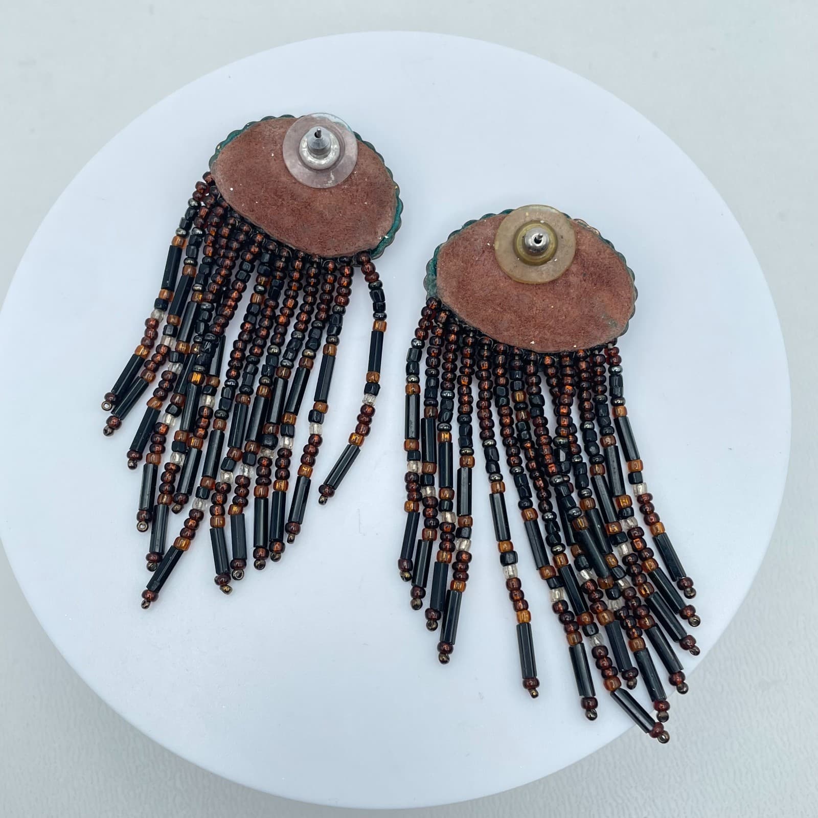 Bohemian Scalloped Metal Tops Black Brown Seed Beads Fringe Concho Earrings - Thumbnail 3
