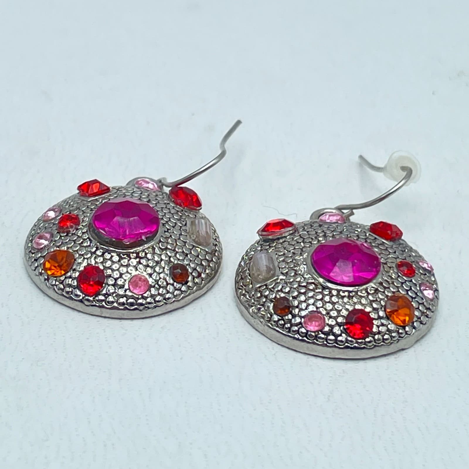 Vintage Silver-Tone Pink Red Rhinestone Embellished Round Dome Dangle Earrings - Thumbnail 4