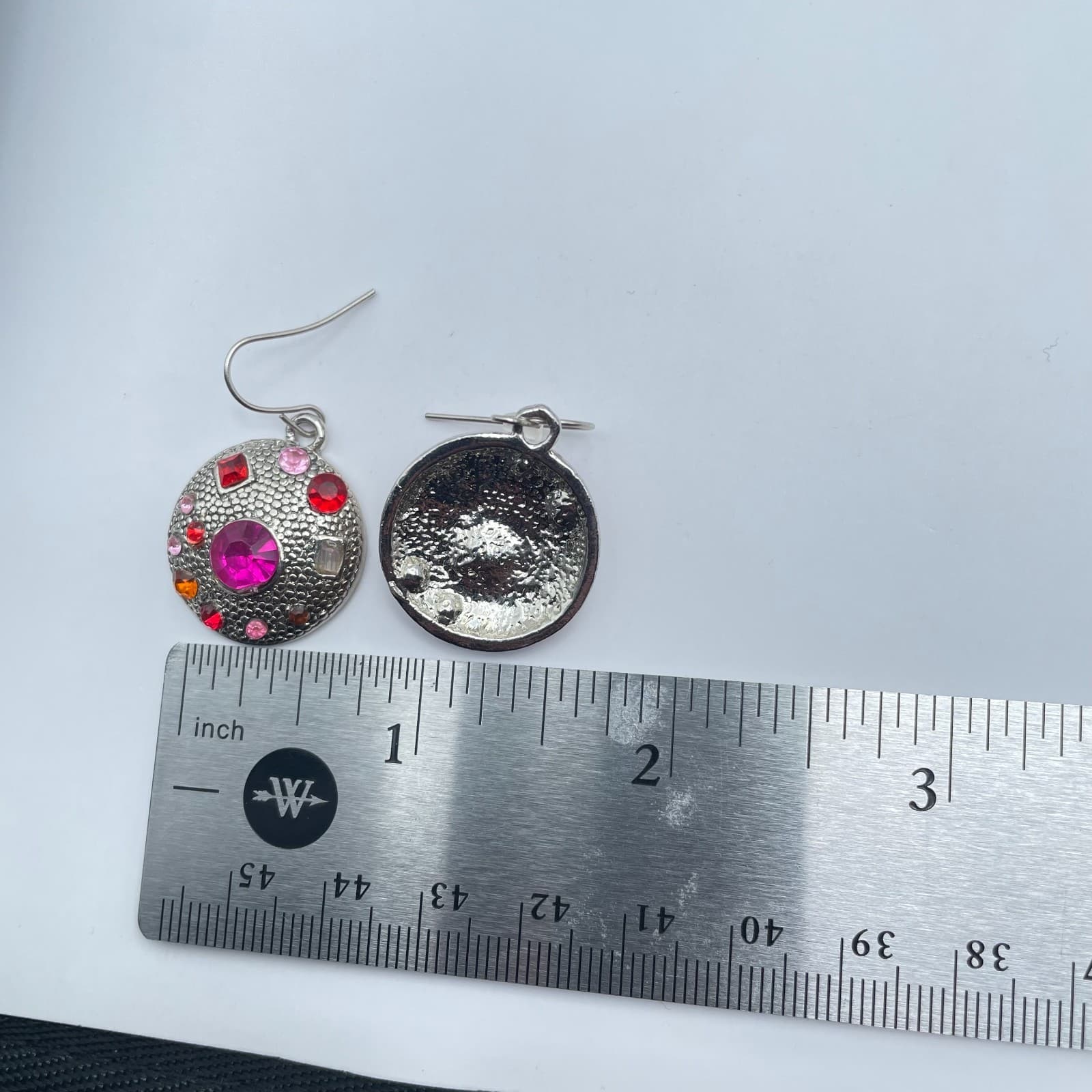 Vintage Silver-Tone Pink Red Rhinestone Embellished Round Dome Dangle Earrings - Thumbnail 2