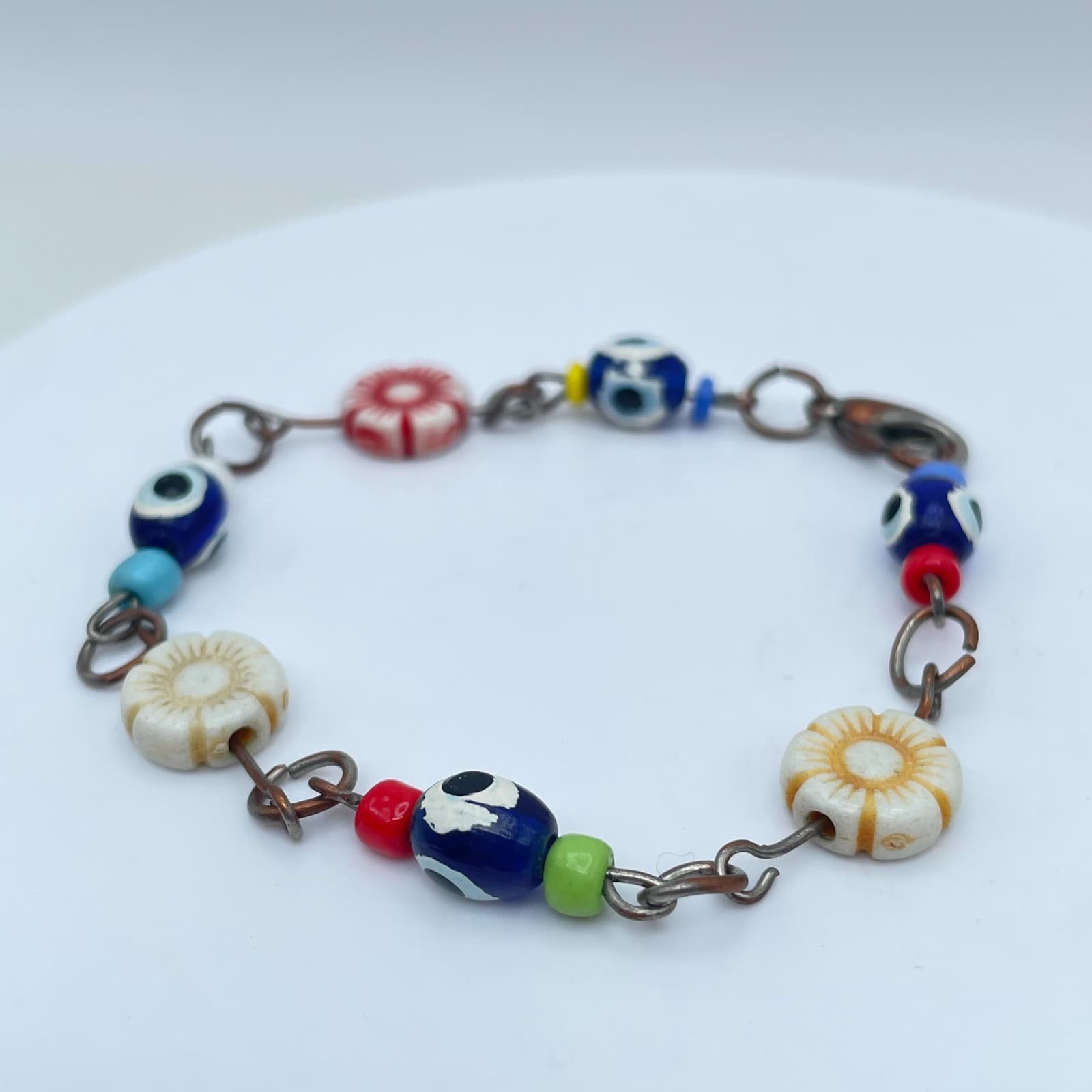 Handmade Copper-Tone Multicolor Evil Eye Flower Glass Beads Lobster Bracelet - Thumbnail 3