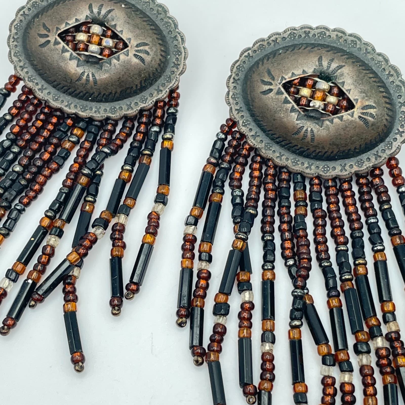 Bohemian Scalloped Metal Tops Black Brown Seed Beads Fringe Concho Earrings - Thumbnail 6