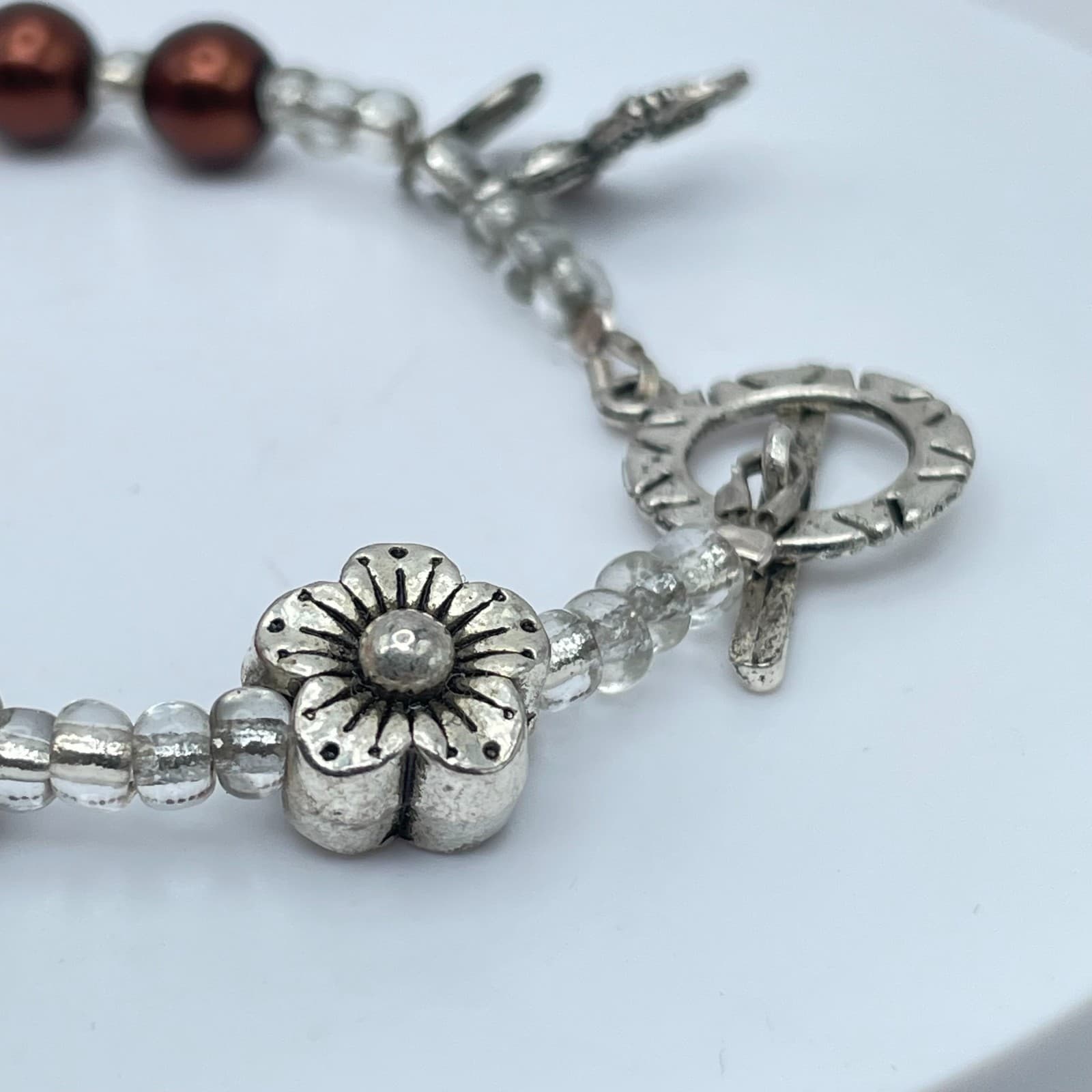 Handcrafted Silver-Tone Glass Brown Pearls Seed Bead Heart Flower Charm Bracelet - Thumbnail 6