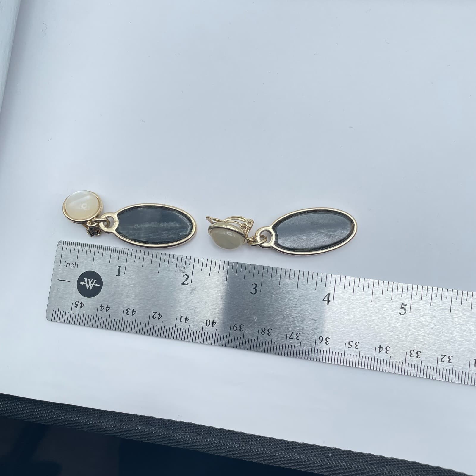 Vintage Gold-Tone Moonstone Bezel Poured Enamel Cabochon Clip-on Dangle Earrings - Thumbnail 2