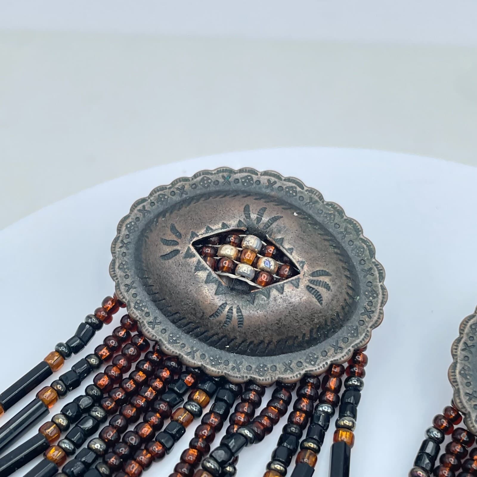 Bohemian Scalloped Metal Tops Black Brown Seed Beads Fringe Concho Earrings - Thumbnail 5