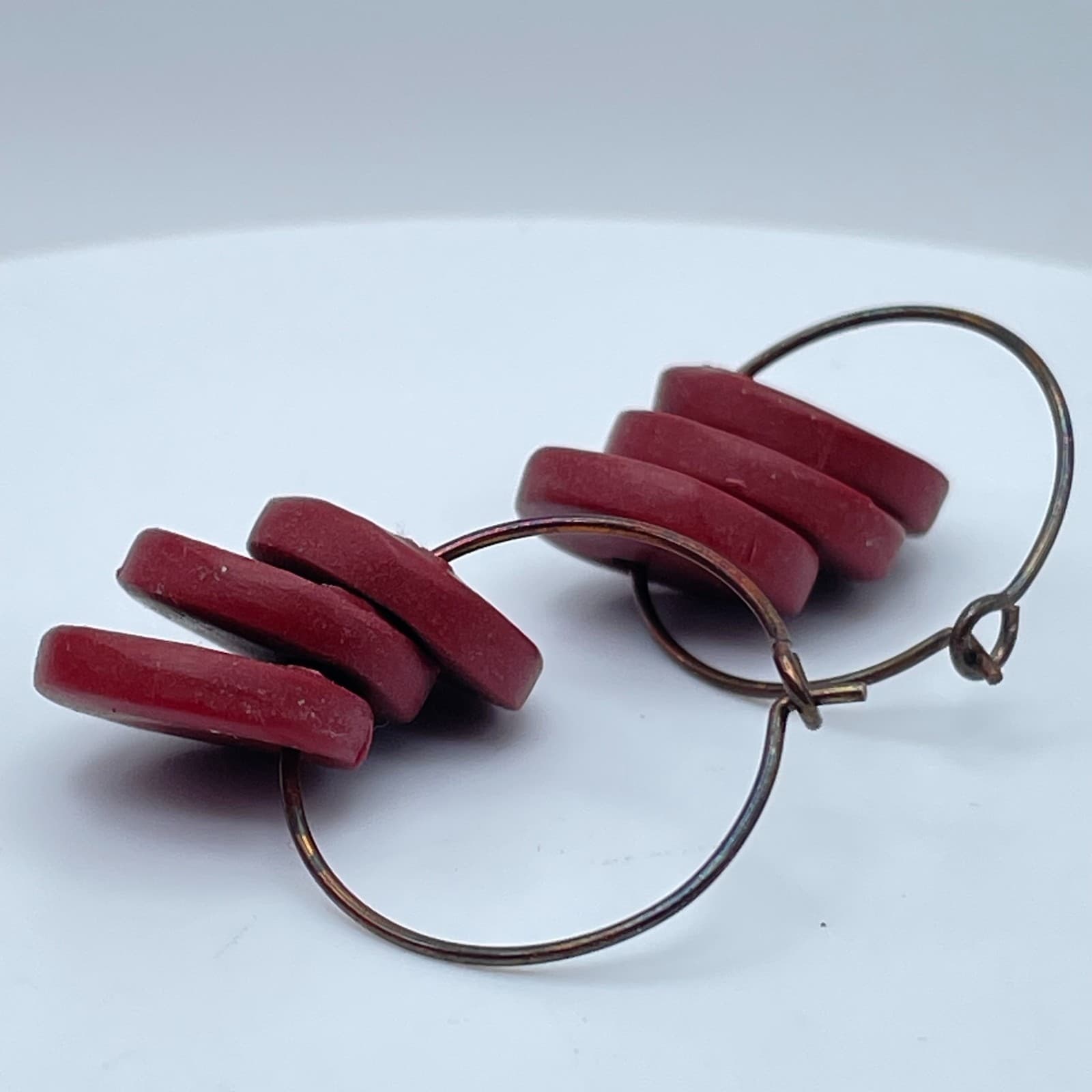 Bohemian Copper-Tone Artisan-Style Tribal Red Disc Hoop Hook & Eye Earrings - Thumbnail 5