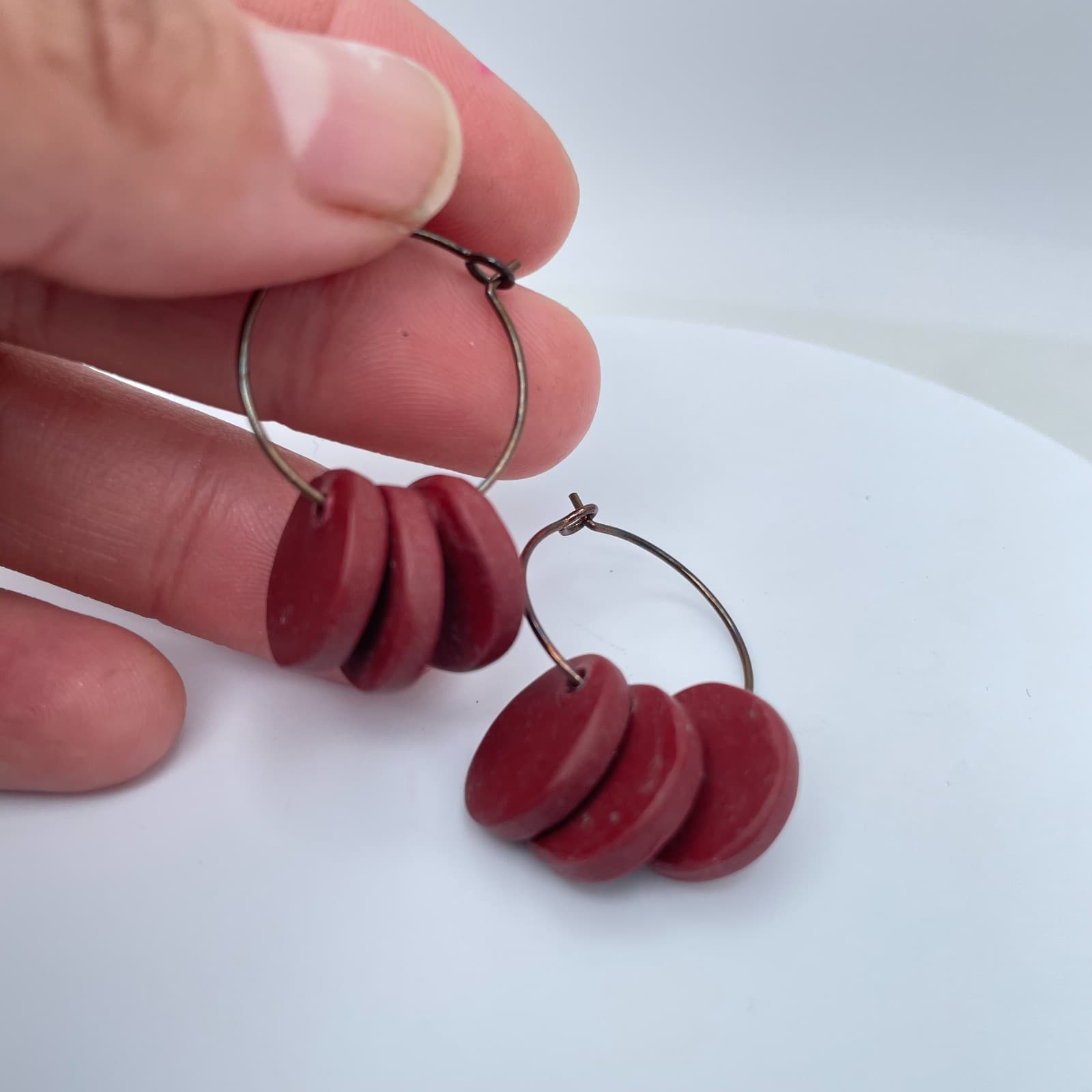 Bohemian Copper-Tone Artisan-Style Tribal Red Disc Hoop Hook & Eye Earrings - Thumbnail 8