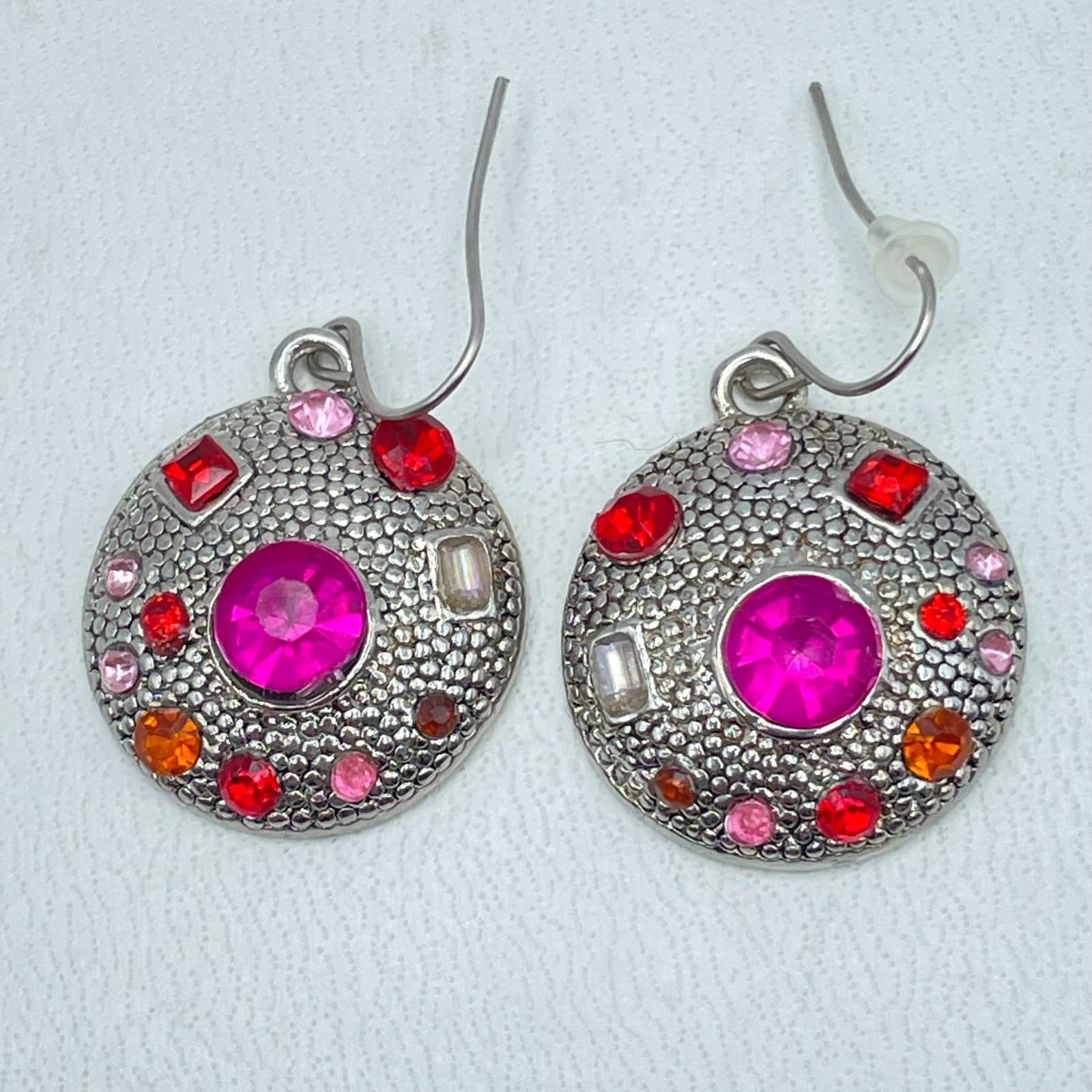 Vintage Silver-Tone Pink Red Rhinestone Embellished Round Dome Dangle Earrings - Image 1
