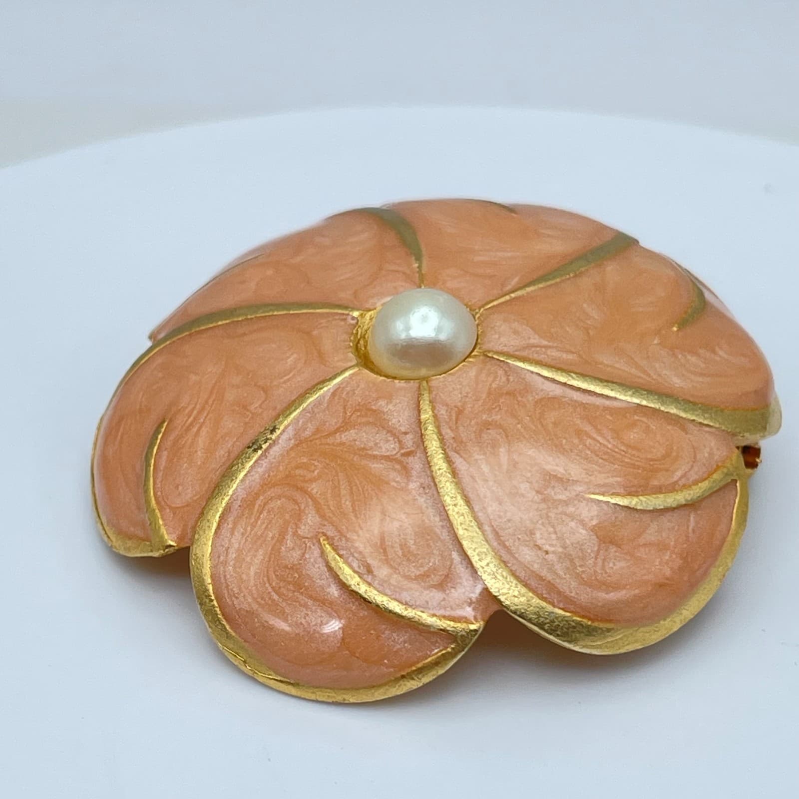 Vintage Gold-Tone Peach Enamel Petal Floral Mother Of Pearl Bead Brooch Pin - Thumbnail 5