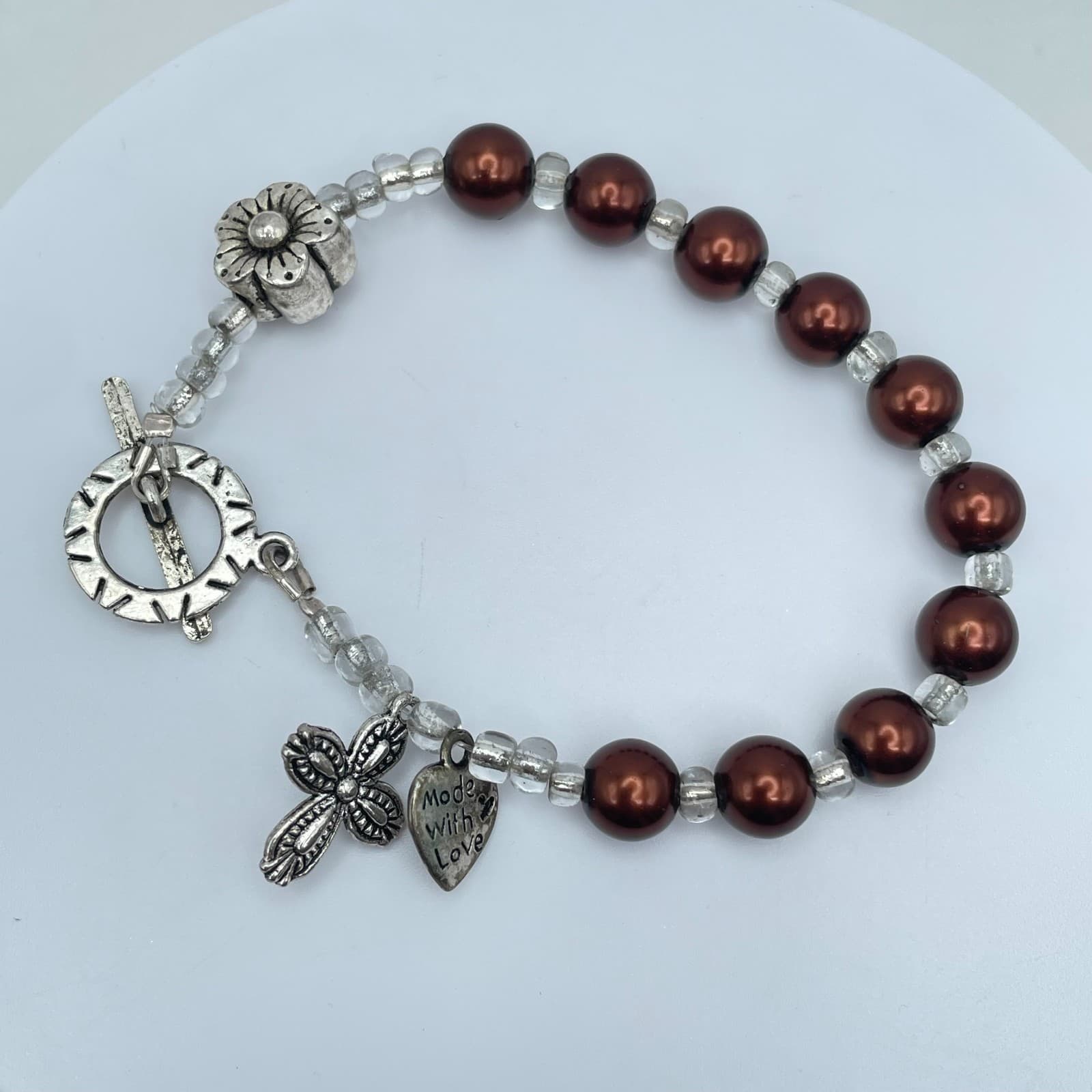 Handcrafted Silver-Tone Glass Brown Pearls Seed Bead Heart Flower Charm Bracelet - Image 1