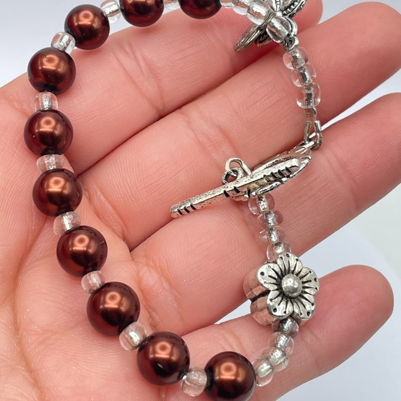 Handcrafted Silver-Tone Glass Brown Pearls Seed Bead Heart Flower Charm Bracelet - Thumbnail 8