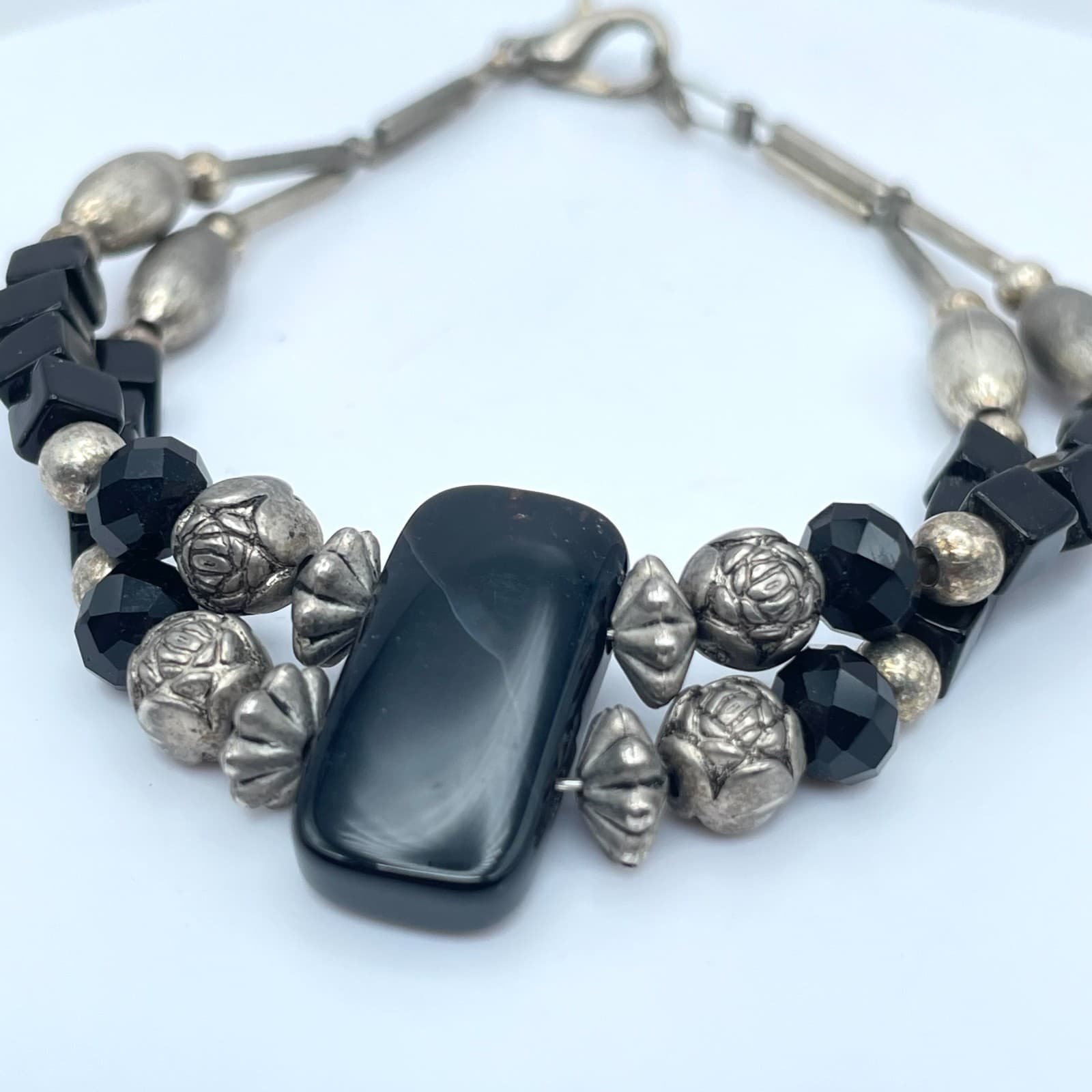 Vintage Silver-Tone Tribal Metal Black Onyx Beads Double Strand Lobster Bracelet - Thumbnail 3