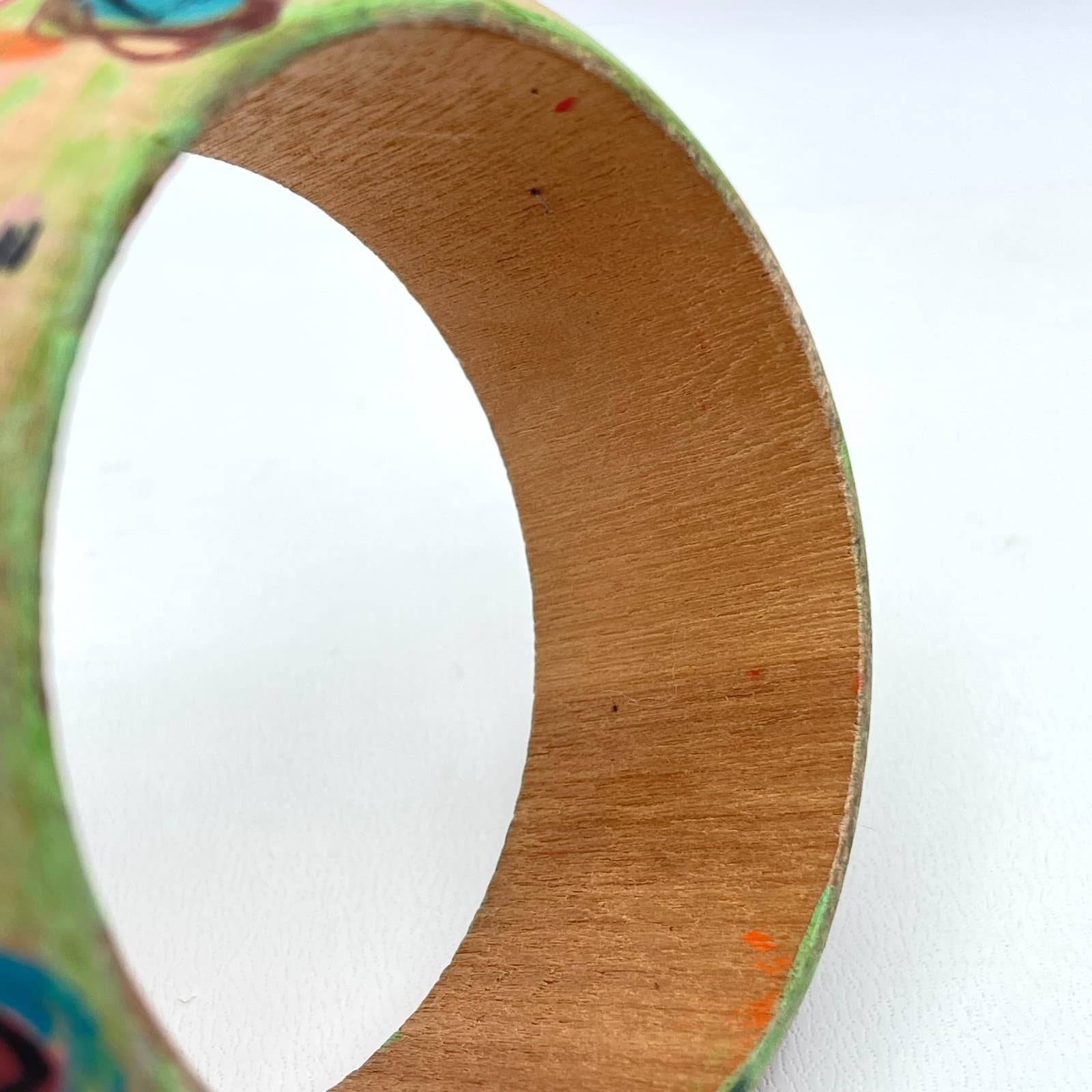Boho-Chic Hand-Painted Tan Abstract Expressionist Wooden Chunky Bangle Bracelet - Thumbnail 6