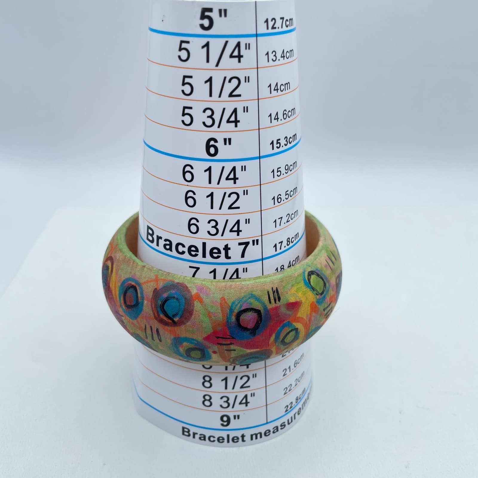 Boho-Chic Hand-Painted Tan Abstract Expressionist Wooden Chunky Bangle Bracelet - Thumbnail 2