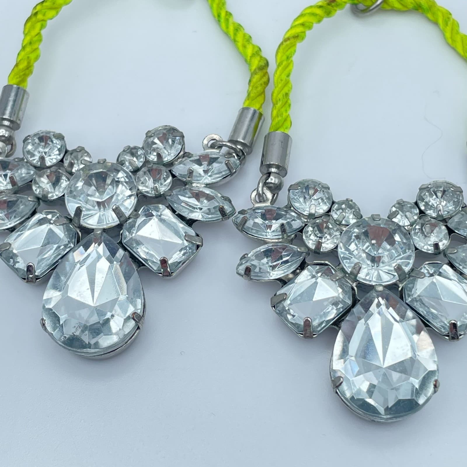Silver-Tone Neon Green Cord Wing-Shape Clear Rhinestones Statement Drop Earrings - Thumbnail 5