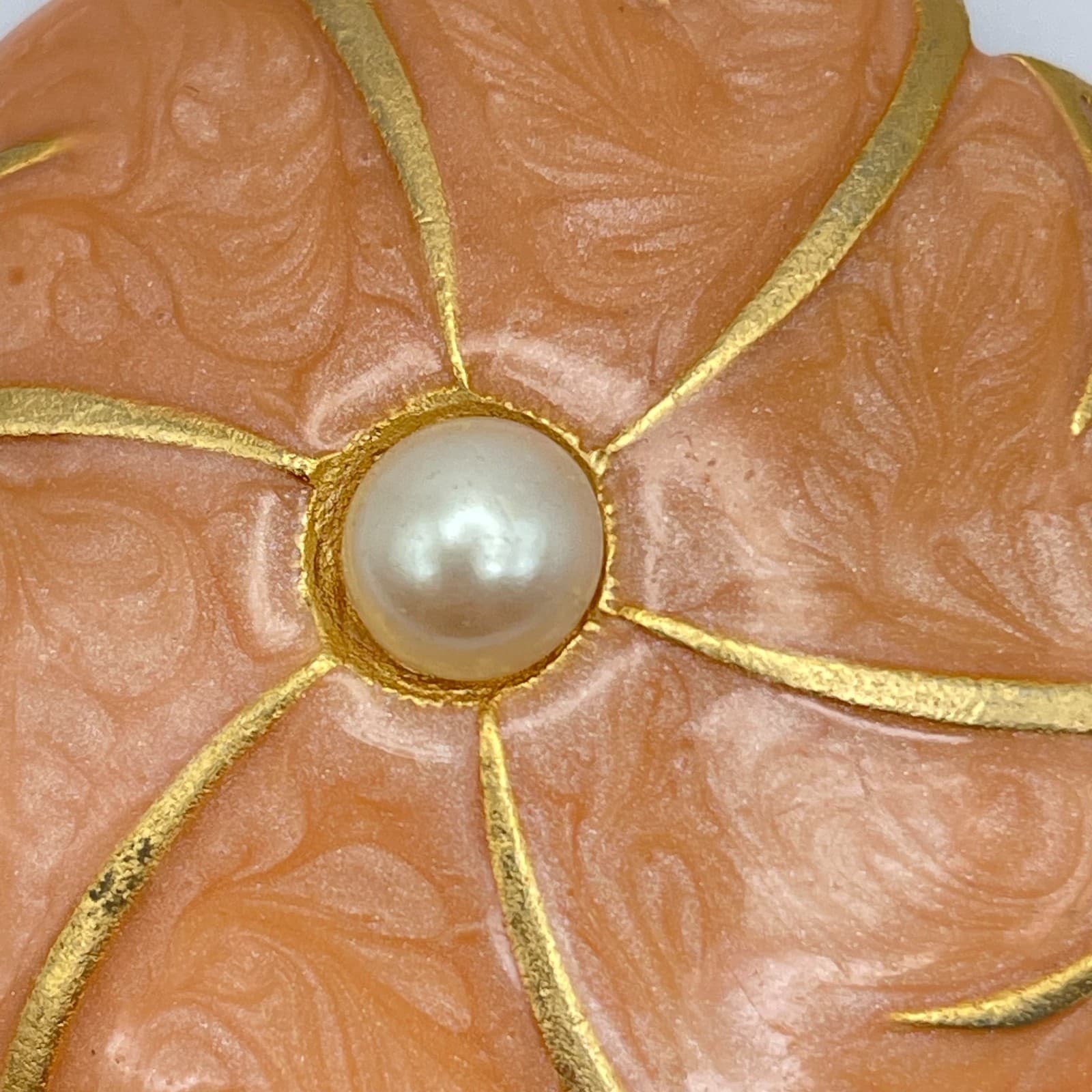 Vintage Gold-Tone Peach Enamel Petal Floral Mother Of Pearl Bead Brooch Pin - Thumbnail 4