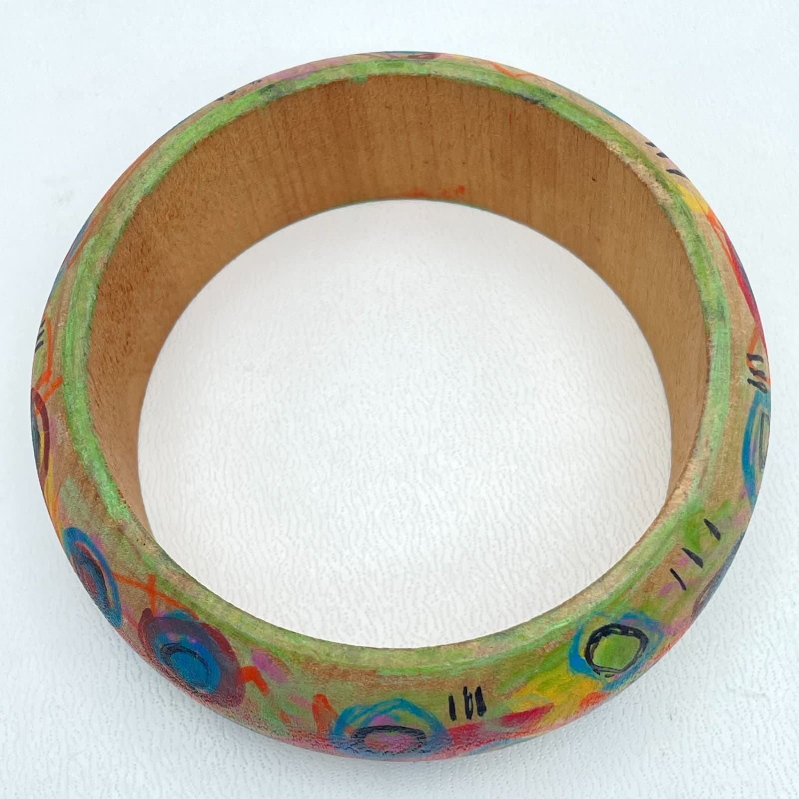 Boho-Chic Hand-Painted Tan Abstract Expressionist Wooden Chunky Bangle Bracelet - Thumbnail 3
