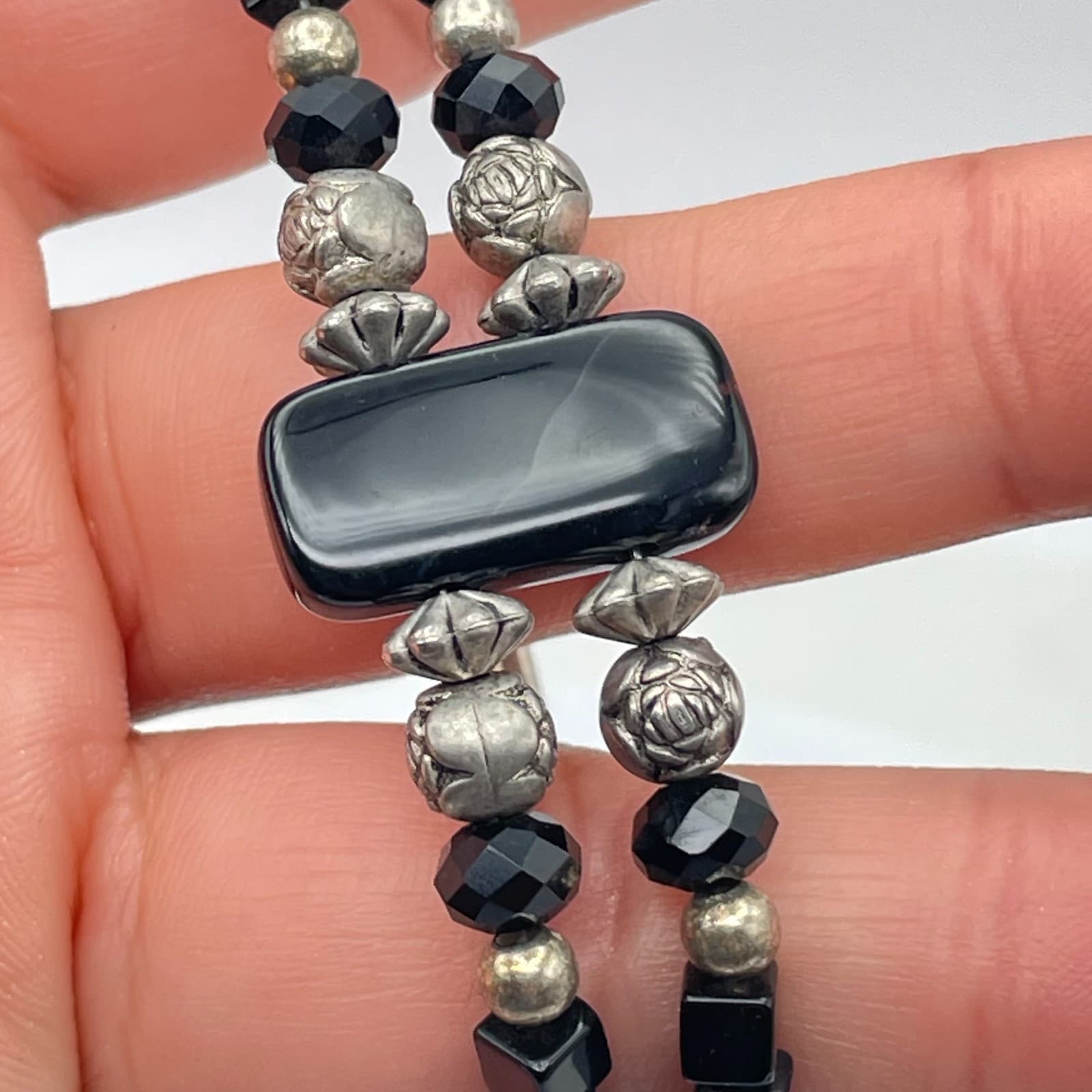 Vintage Silver-Tone Tribal Metal Black Onyx Beads Double Strand Lobster Bracelet - Thumbnail 7