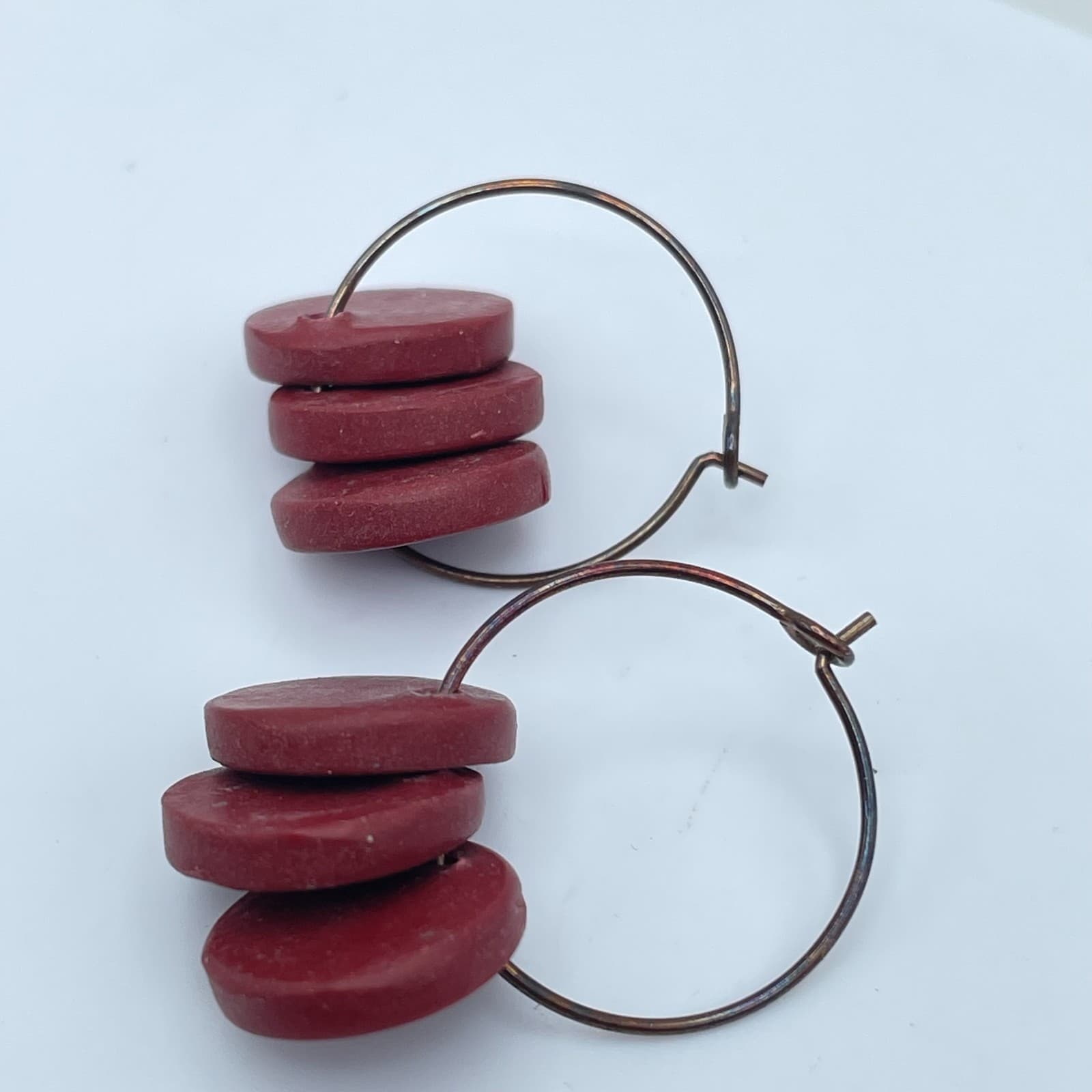 Bohemian Copper-Tone Artisan-Style Tribal Red Disc Hoop Hook & Eye Earrings - Thumbnail 3