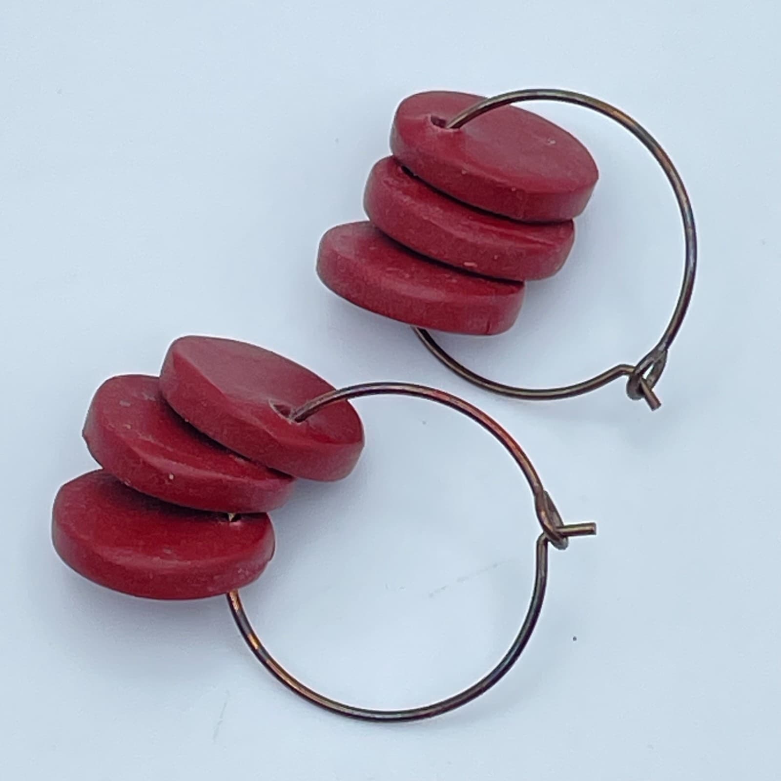 Bohemian Copper-Tone Artisan-Style Tribal Red Disc Hoop Hook & Eye Earrings - Thumbnail 7