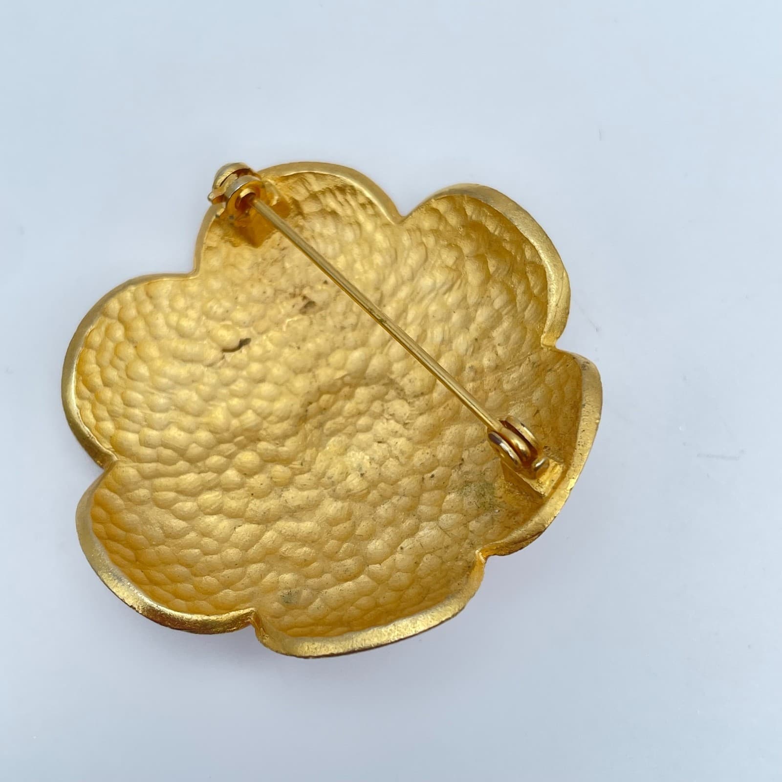 Vintage Gold-Tone Peach Enamel Petal Floral Mother Of Pearl Bead Brooch Pin - Thumbnail 3