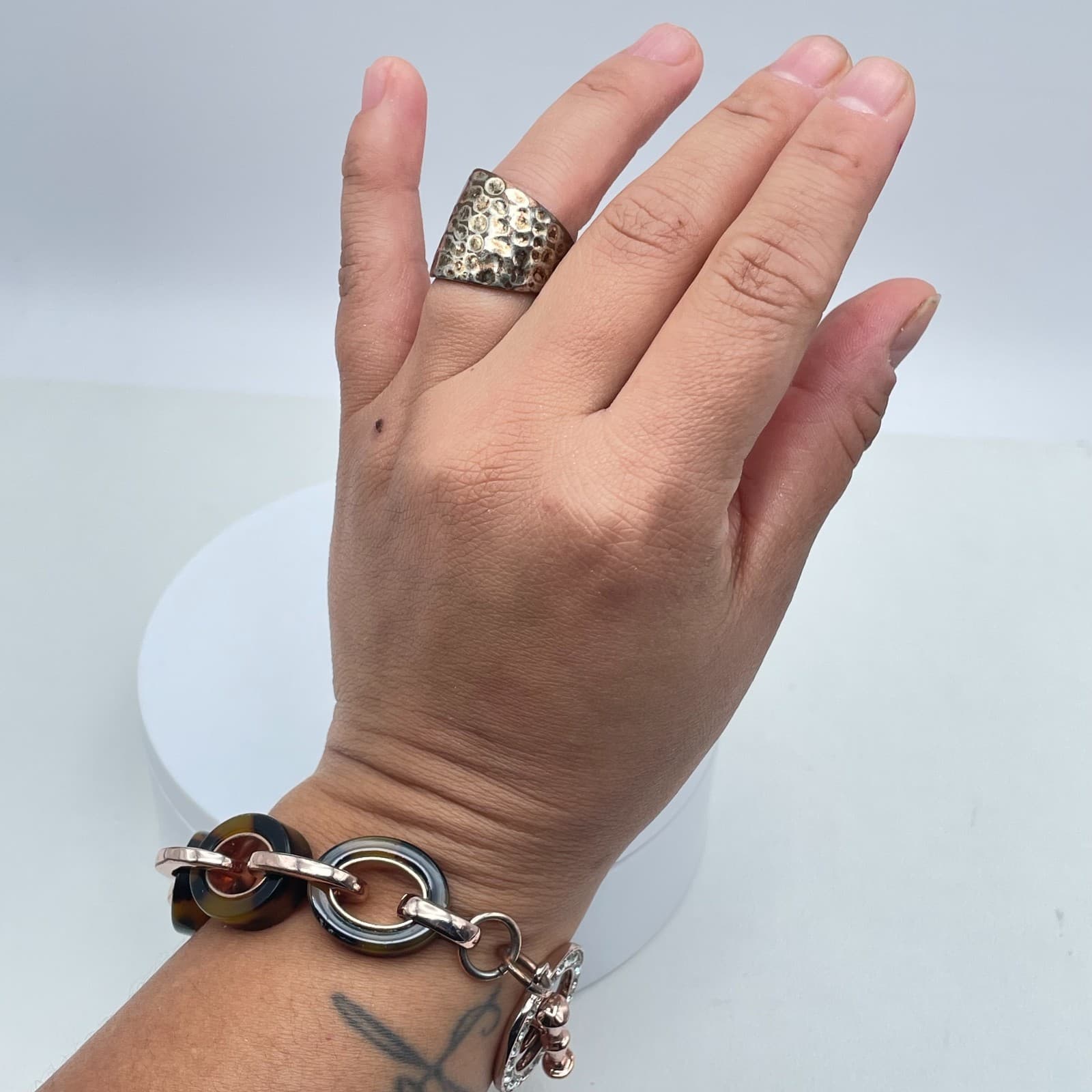 Artisanal Silver-Tone Hammered Fossil-Pattern Textured Patina Finish Wide Ring - Thumbnail 12