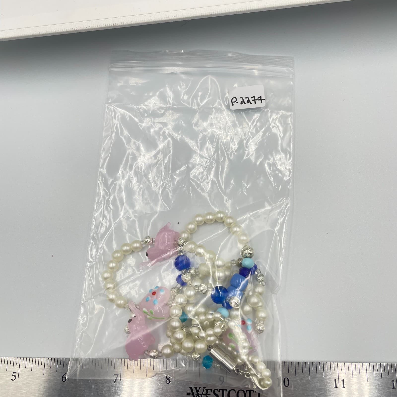 Vintage Pink Elephant Heart Glass Pearl Necklace Magnetic Clasp Blue Beads 26" - Thumbnail 8