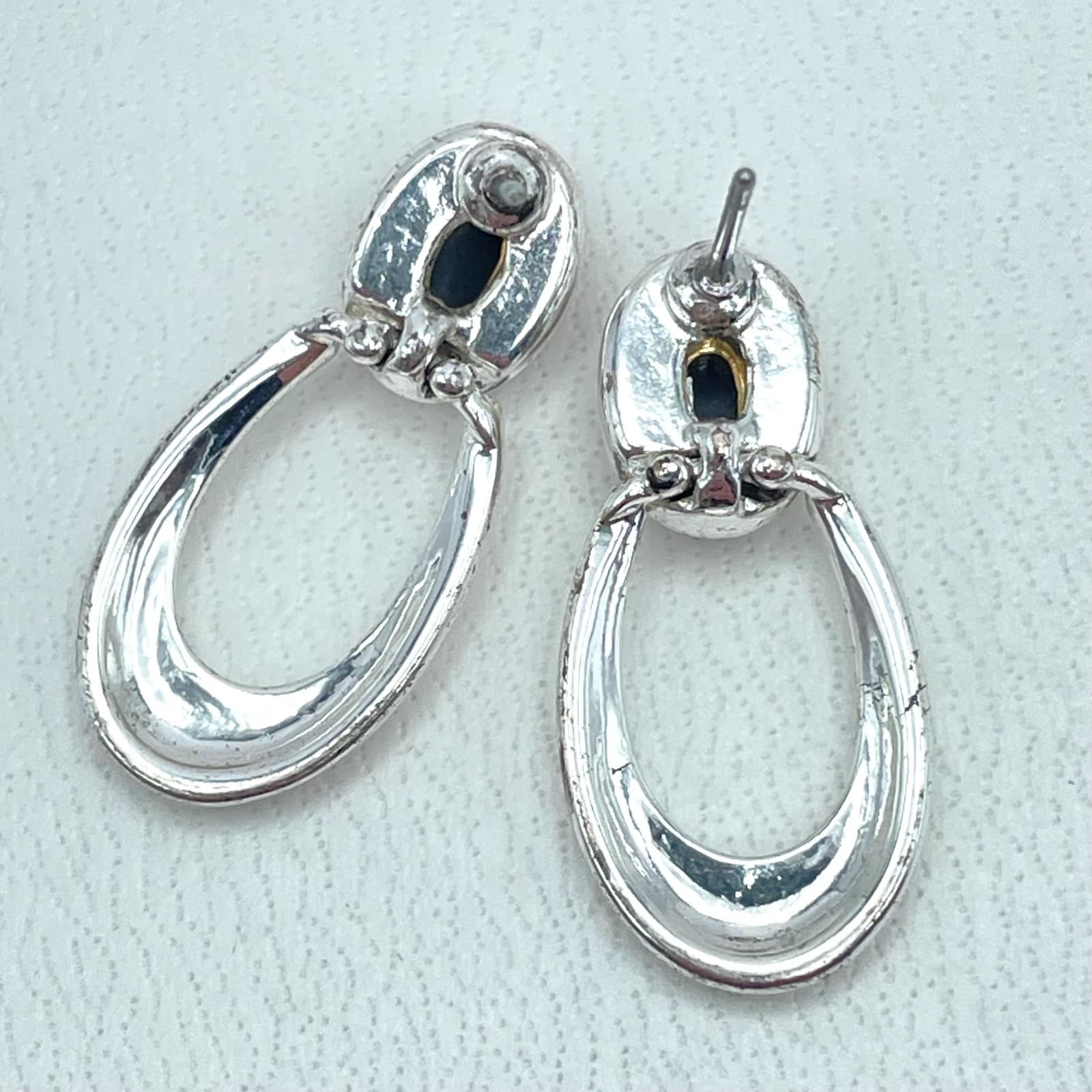 Classic Two-Tone Fashion Black Onyx Center Hoop Drop Dangle Post Back Earrings - Thumbnail 3