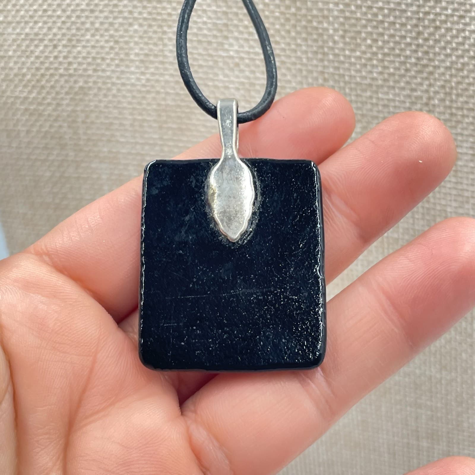 Vintage Dichroic Fused Glass Pendant Necklace Iridescent Blue Green Black Cord - Thumbnail 4