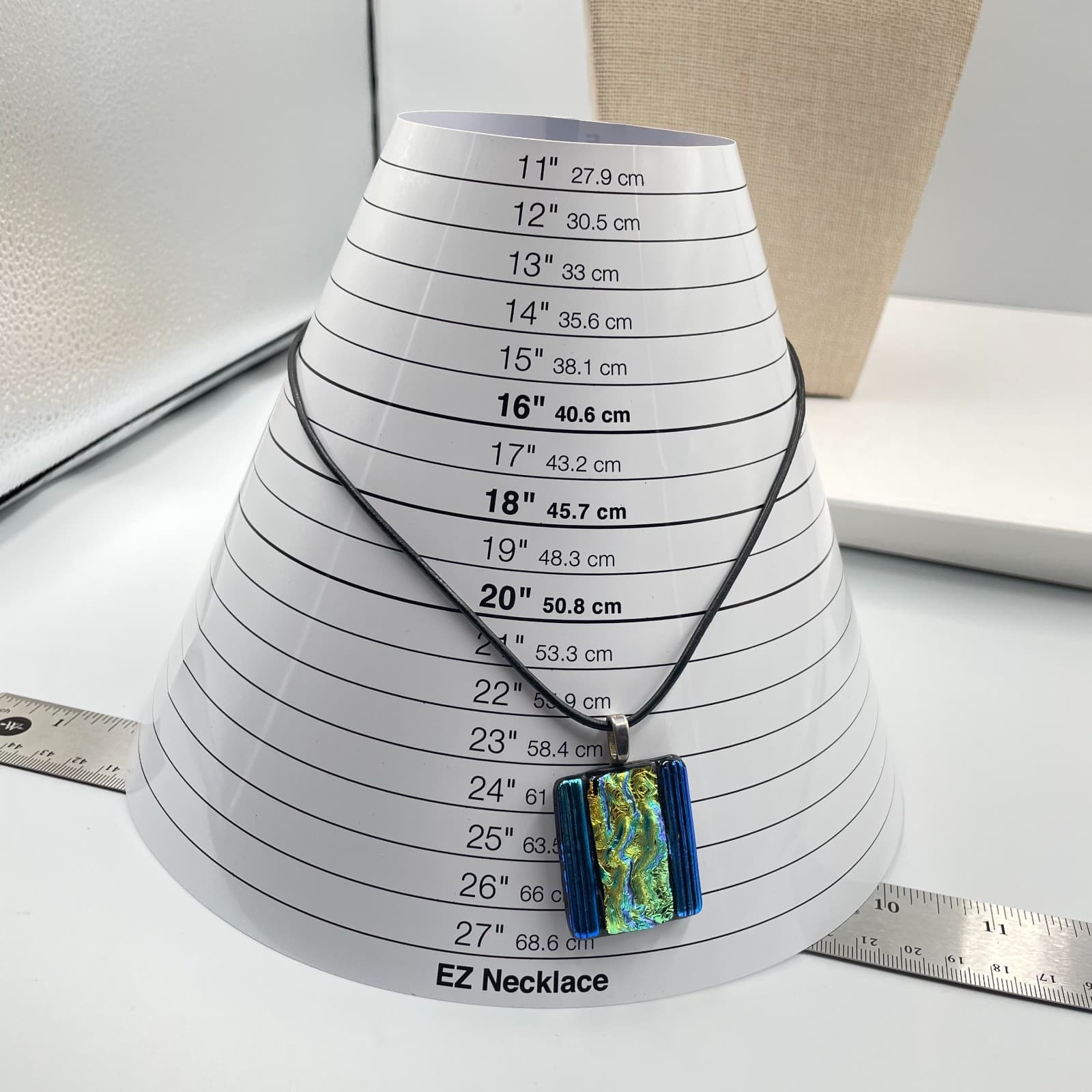 Vintage Dichroic Fused Glass Pendant Necklace Iridescent Blue Green Black Cord - Thumbnail 8