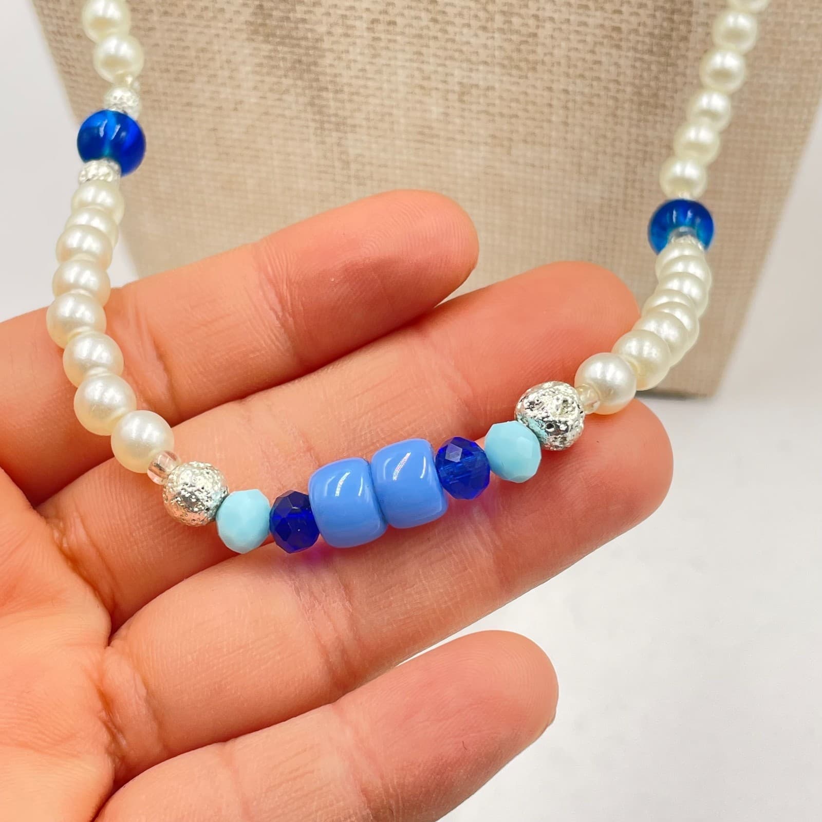 Vintage Pink Elephant Heart Glass Pearl Necklace Magnetic Clasp Blue Beads 26" - Thumbnail 4