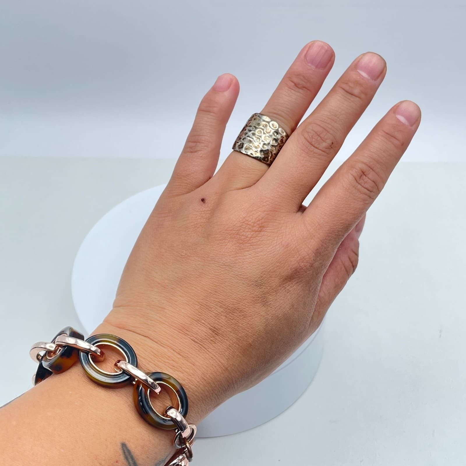 Artisanal Silver-Tone Hammered Fossil-Pattern Textured Patina Finish Wide Ring - Thumbnail 7