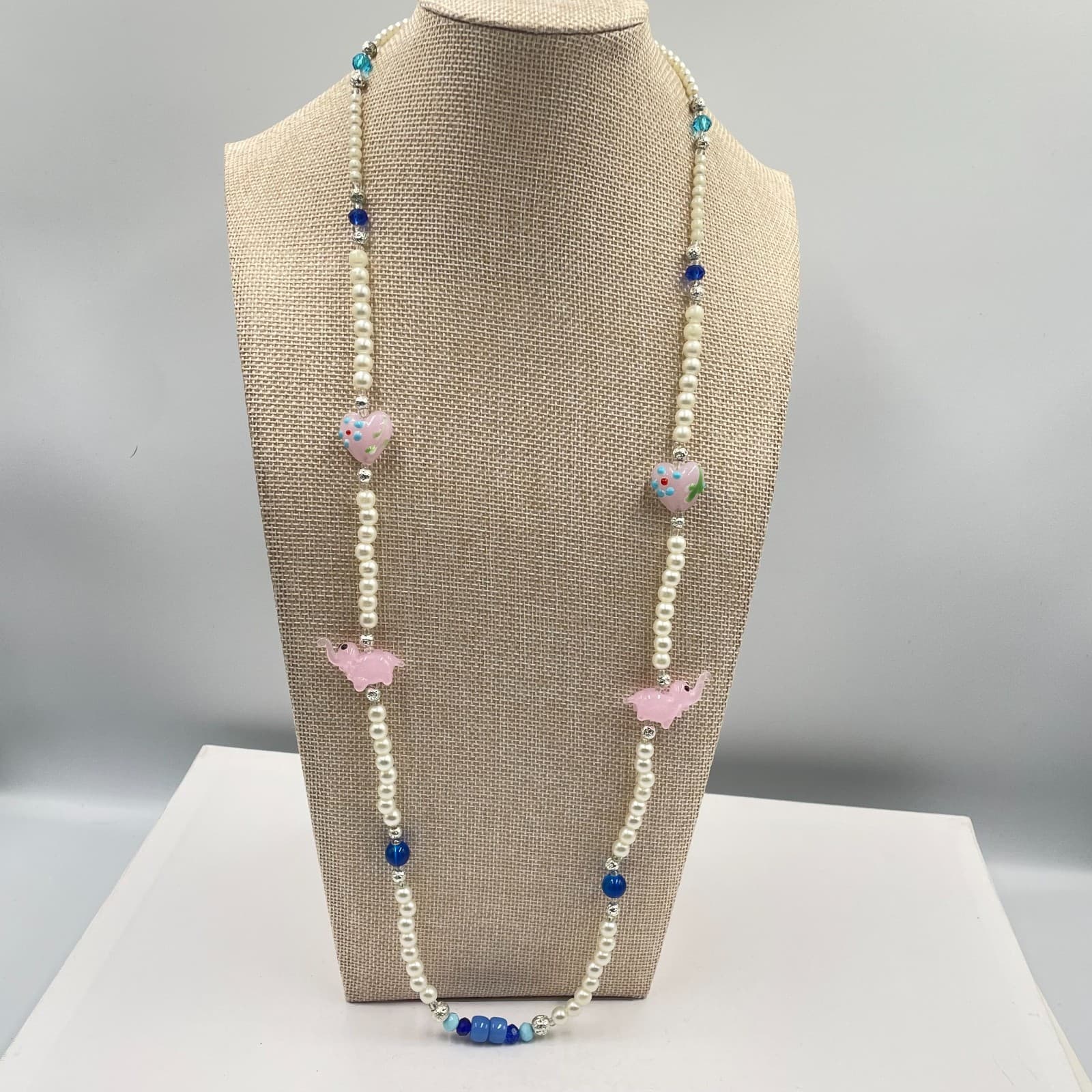 Vintage Pink Elephant Heart Glass Pearl Necklace Magnetic Clasp Blue Beads 26" - Image 1