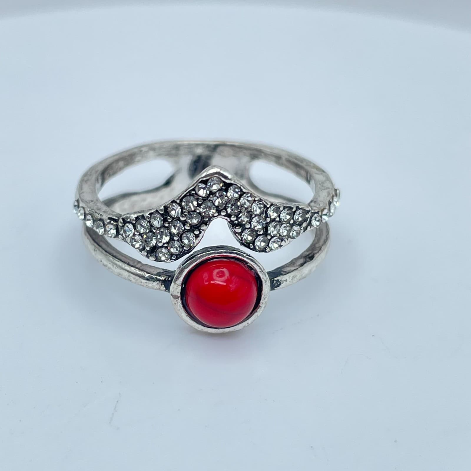 Southwestern Silver-Tone Coral Beads Pave Rhinestone Stacked-Look Layered Ring - Thumbnail 6