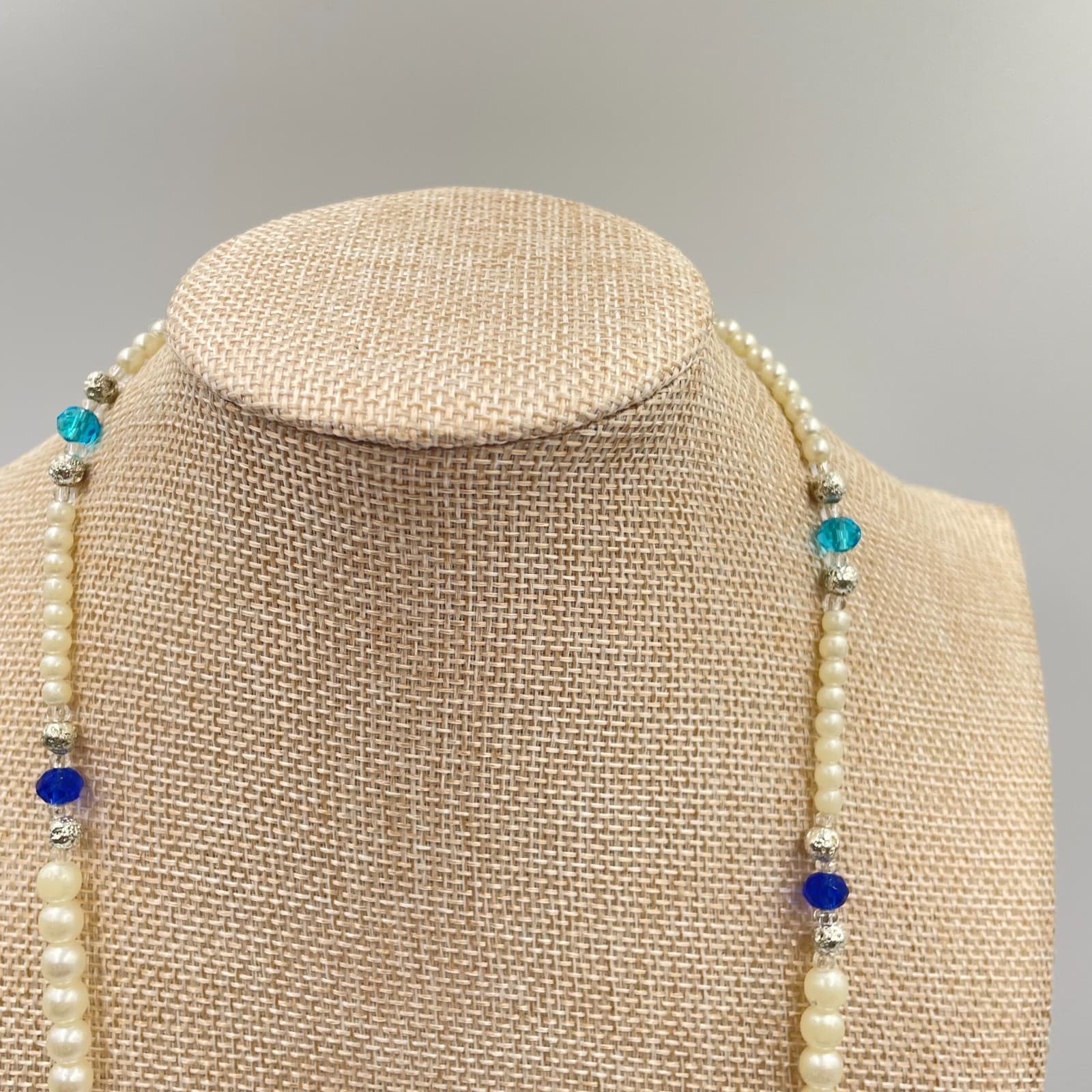 Vintage Pink Elephant Heart Glass Pearl Necklace Magnetic Clasp Blue Beads 26" - Thumbnail 2