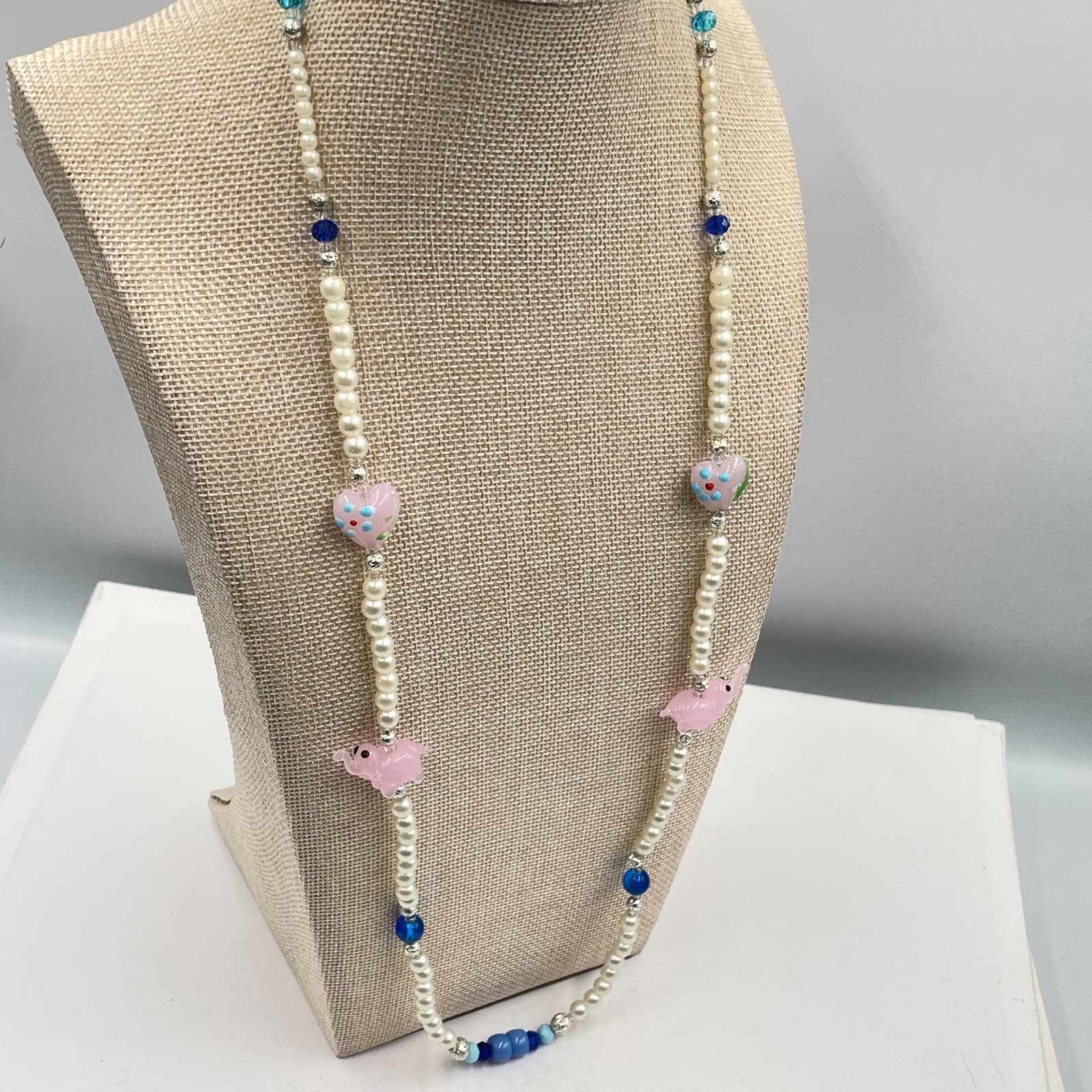 Vintage Pink Elephant Heart Glass Pearl Necklace Magnetic Clasp Blue Beads 26" - Thumbnail 5